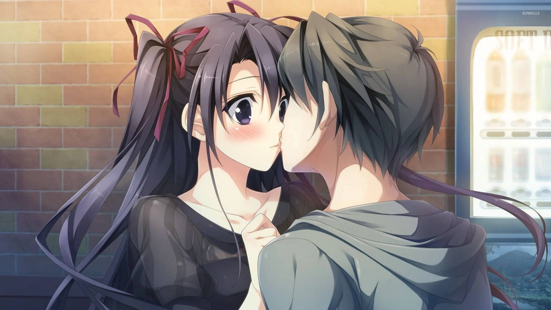 Cute Anime Couple Kiss Against Brick Wall