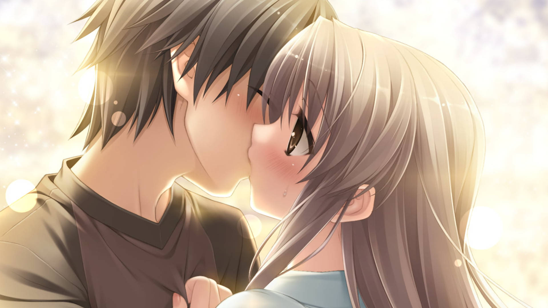 Cute Anime Couple Kiss In Soft Lighting Background