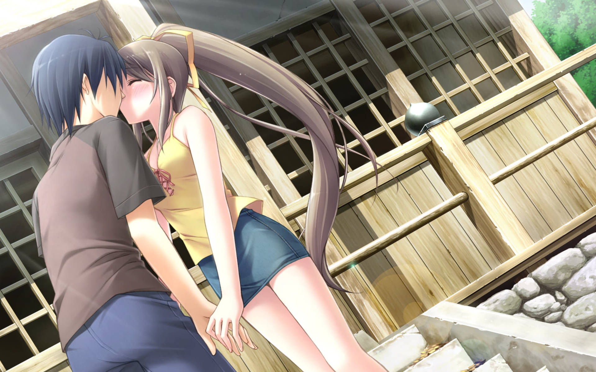Cute Anime Couple Kissing Outdoors