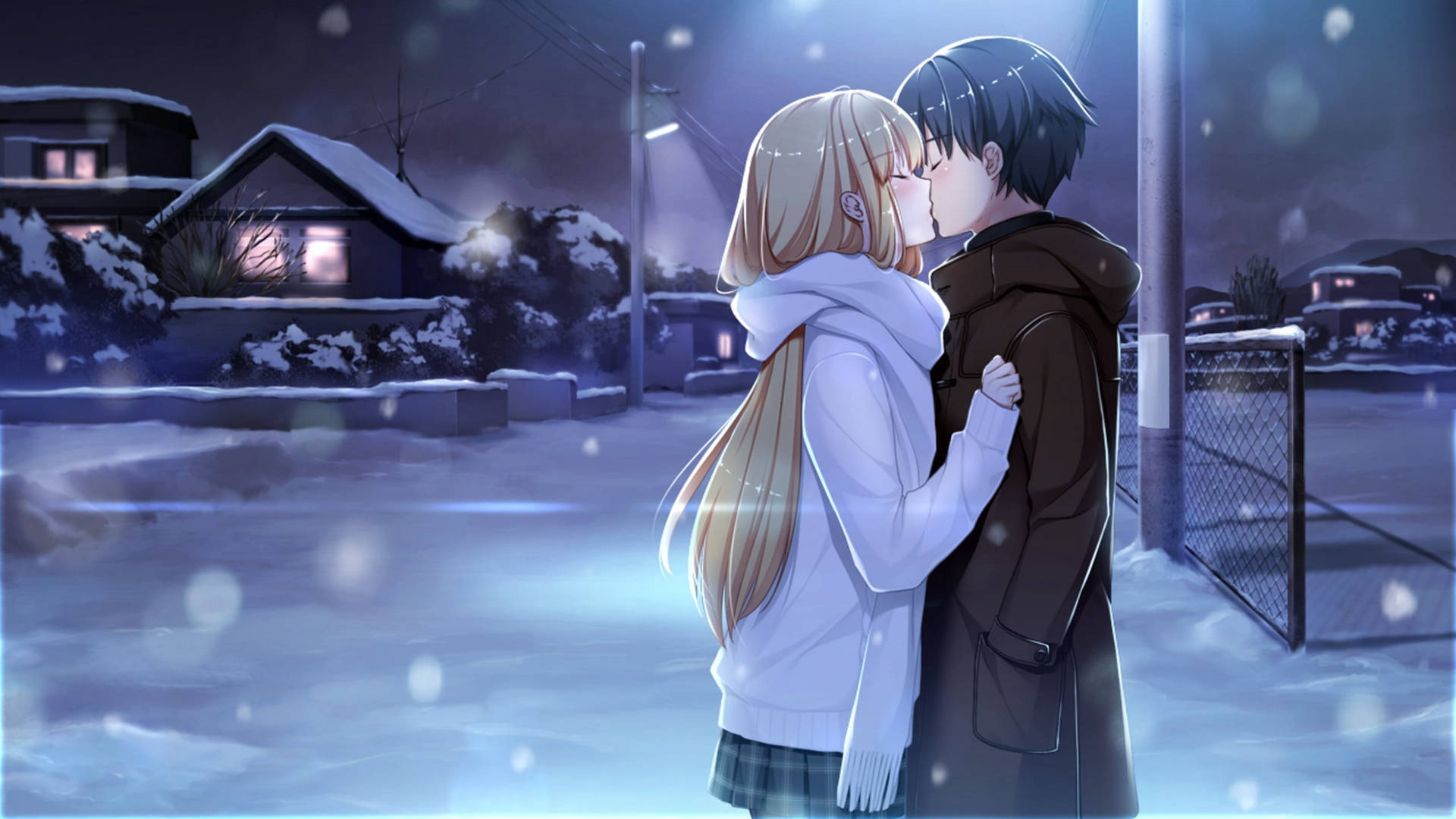 Cute Anime Couple Kissing Winter Night Background