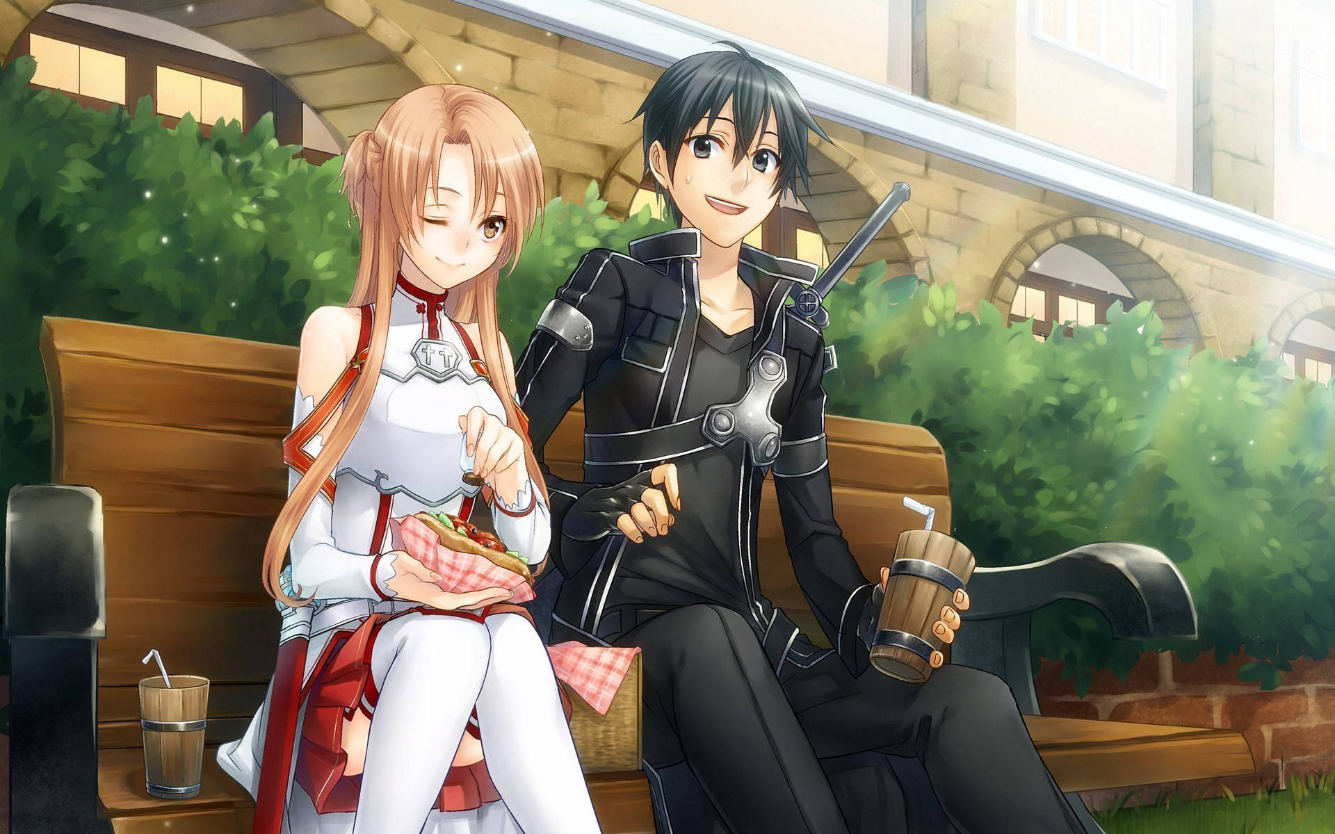 Cute Anime Couple On A Bench Background