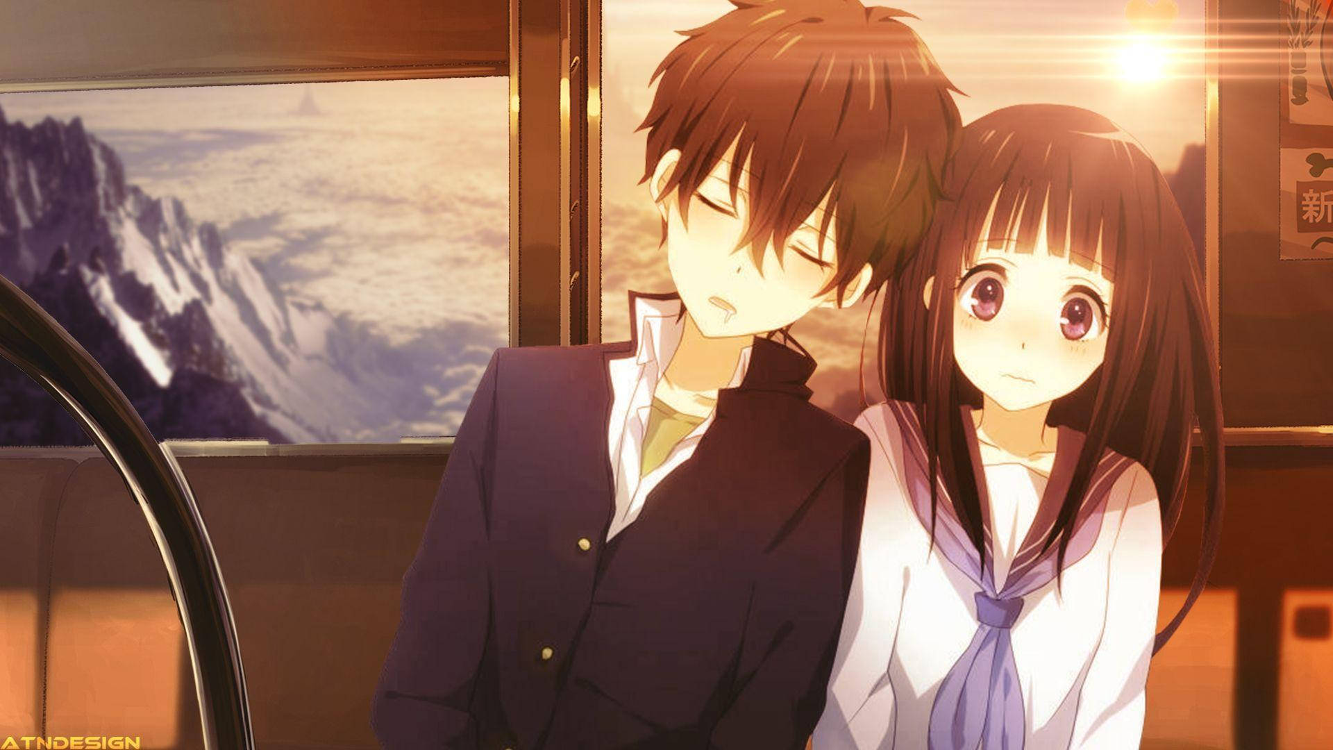 Cute Anime Couple On Train Good Pfp Background