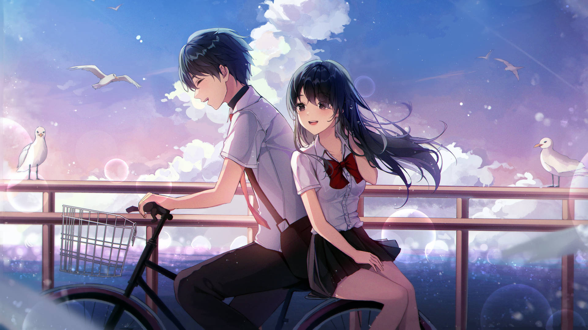 Cute Anime Couple Sharing A Bicycle Background