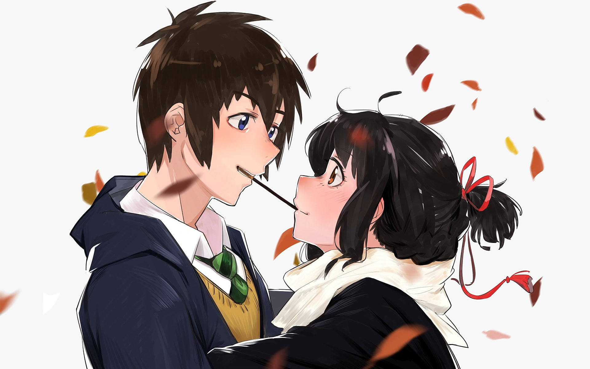 Cute Anime Couple Sharing A Snack Background