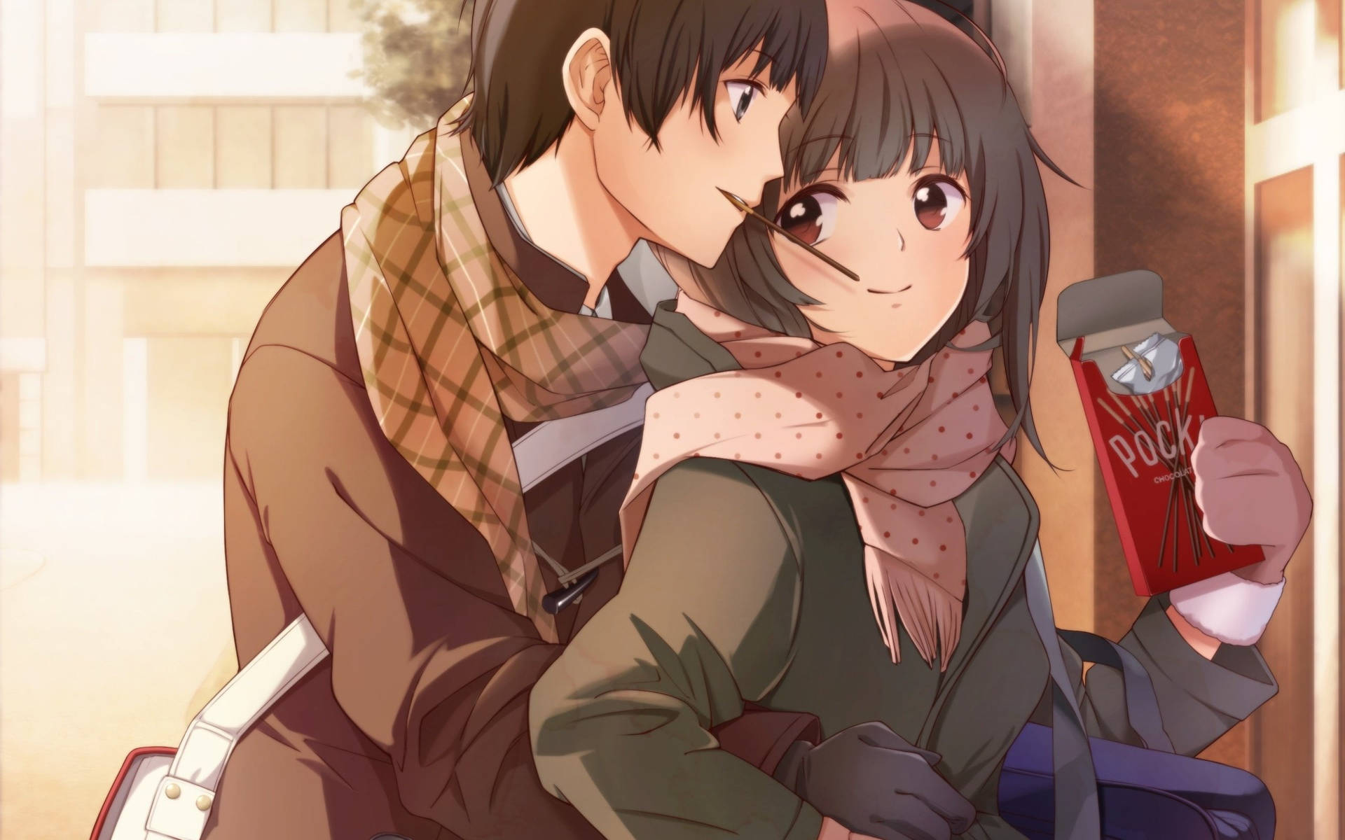 Cute Anime Couple Sharing Pocky Background