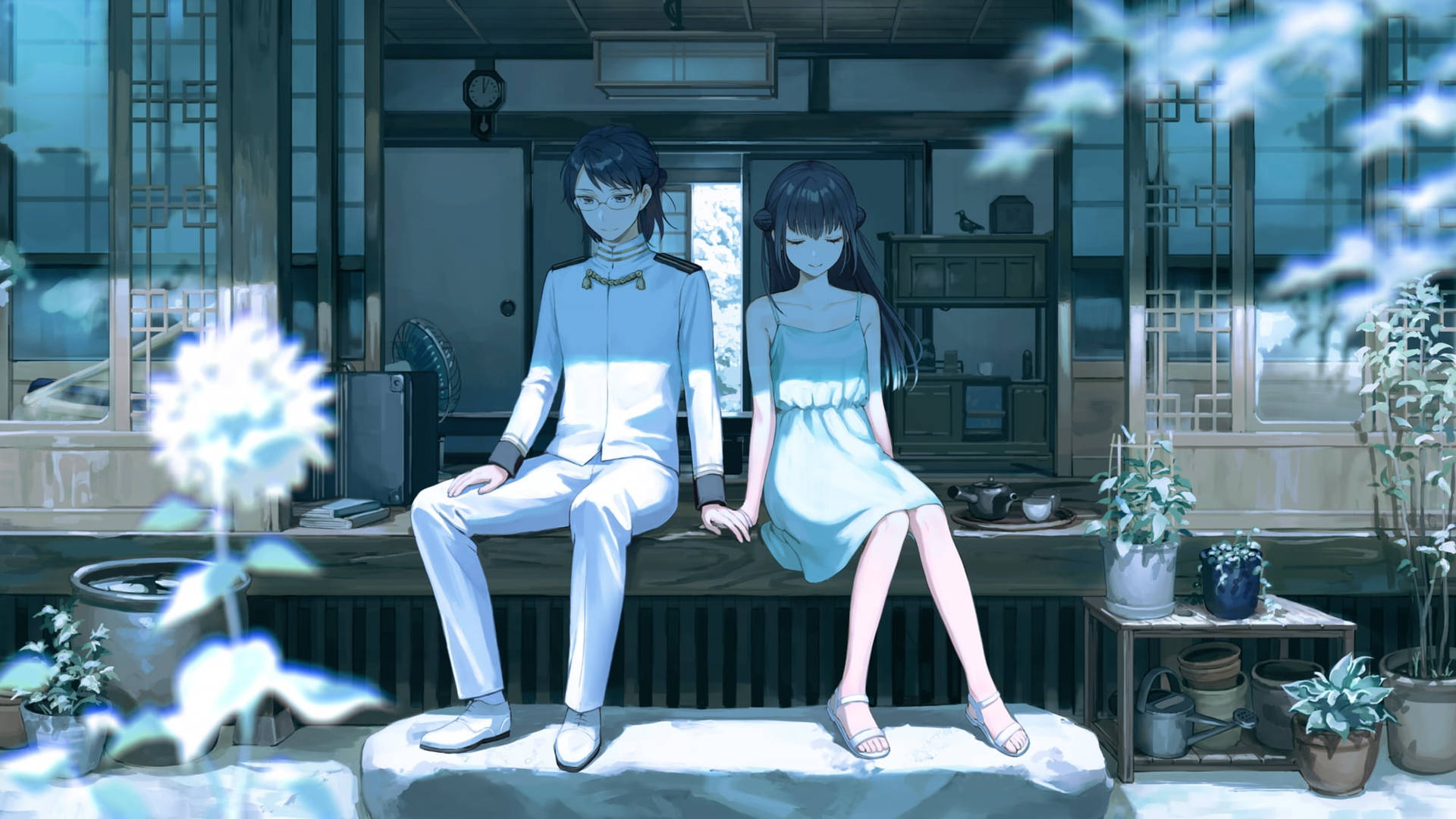 Cute Anime Couple Sitting Outside Home Background