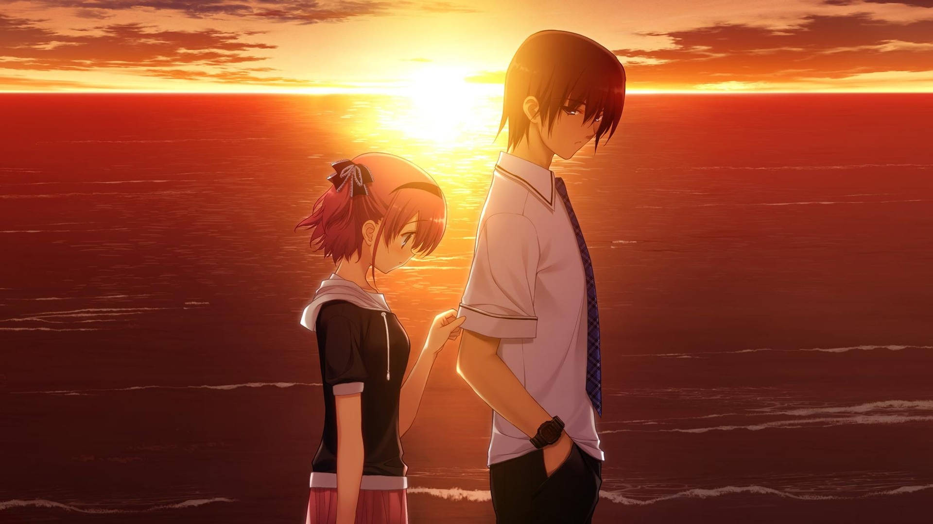 Cute Anime Couple Together At Sunset Background