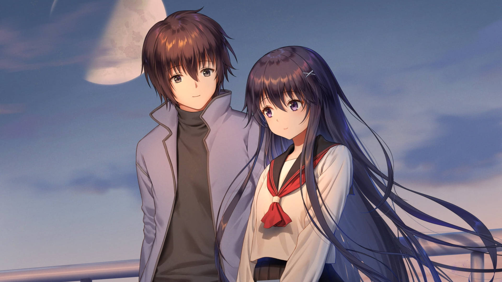 Cute Anime Couple Under Moon Background