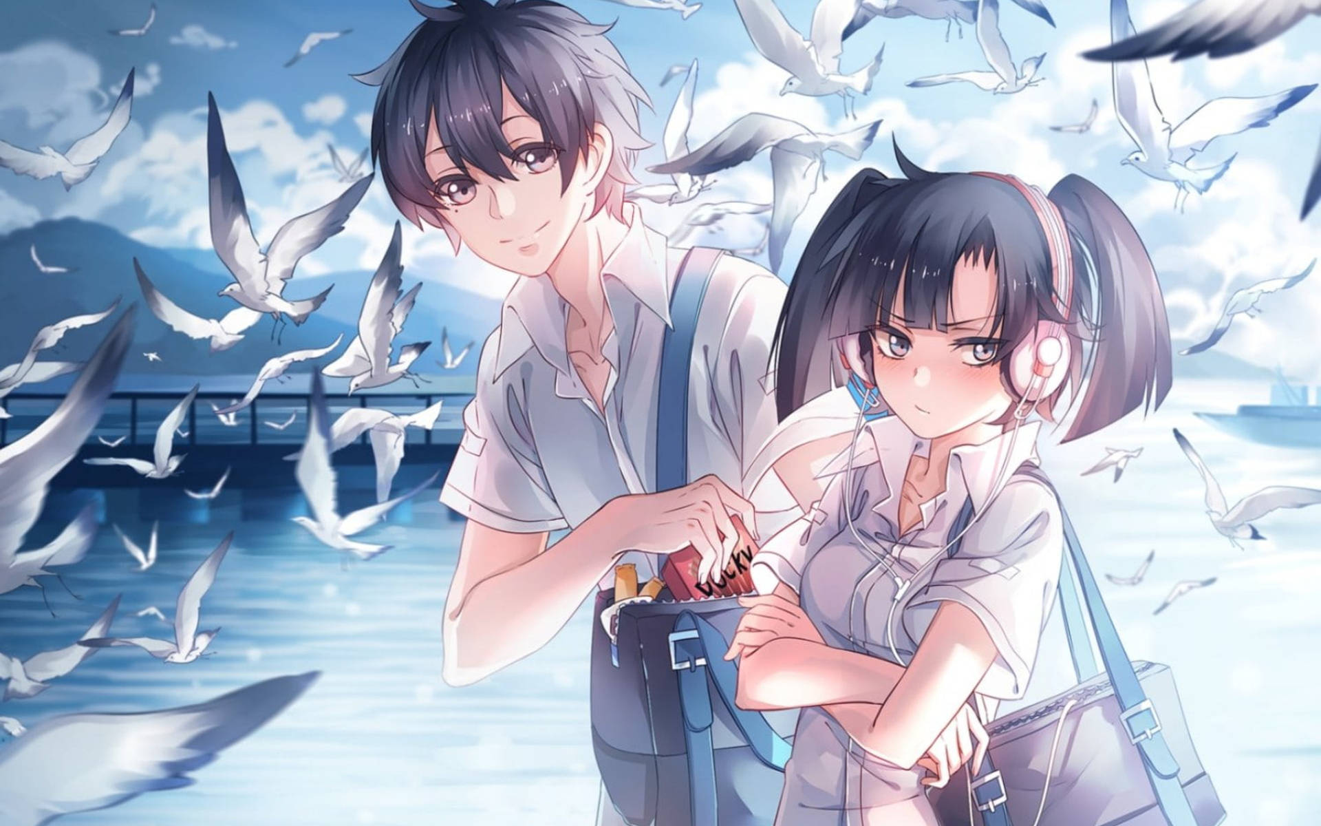 Cute Anime Couple With Birds Background