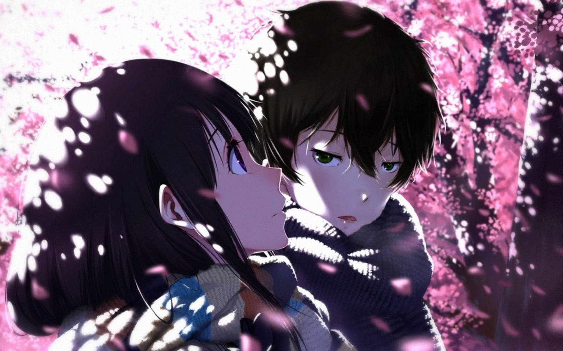 Cute Anime Couple With Cherry Blossoms Background