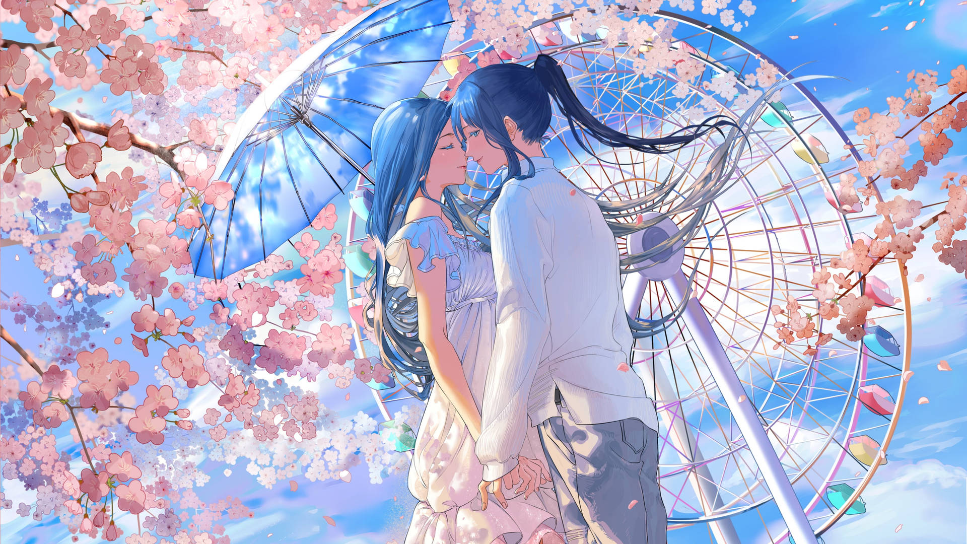 Cute Anime Couple With Ferris Wheel Background