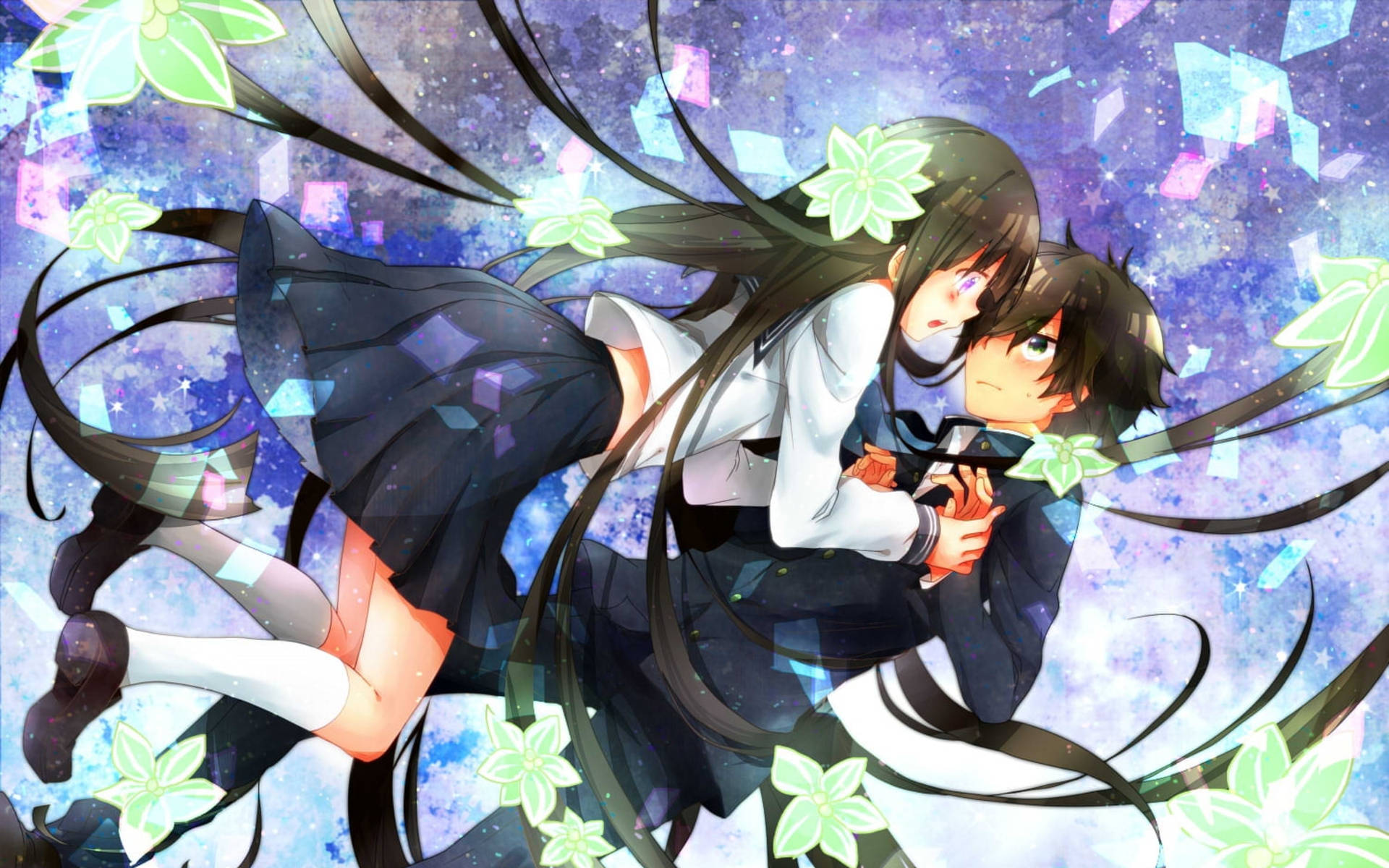 Cute Anime Couple With Green Flowers Background