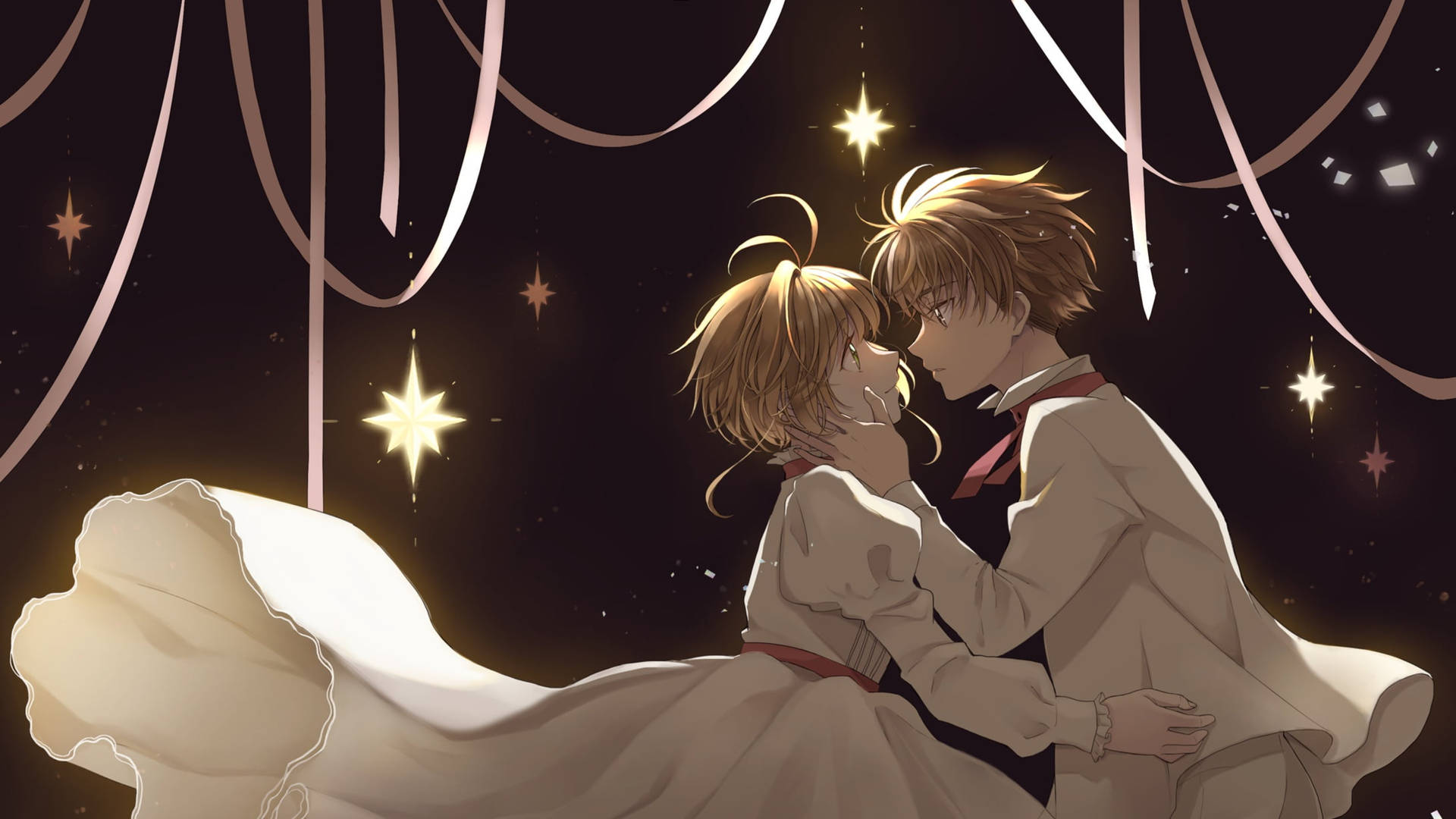 Cute Anime Couple With Ribbons Background