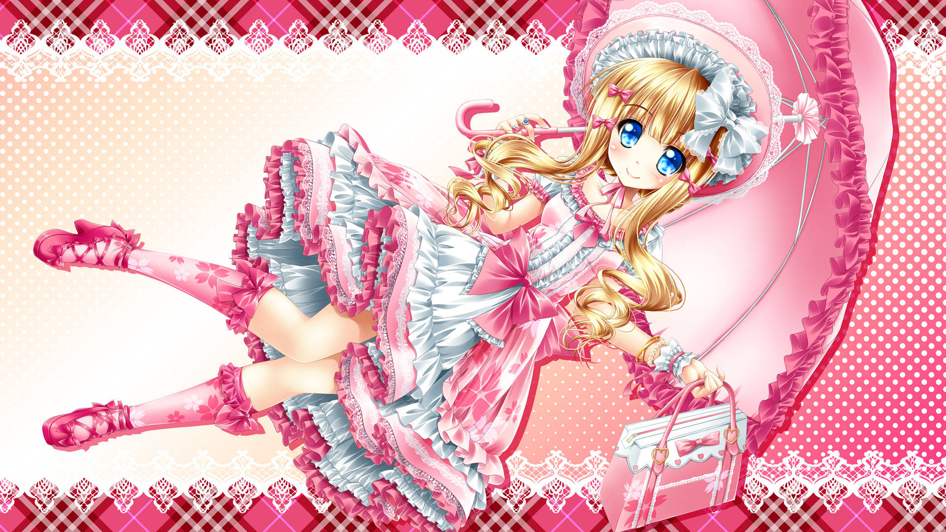 Cute Anime Girl Fancy Pink Dress Background