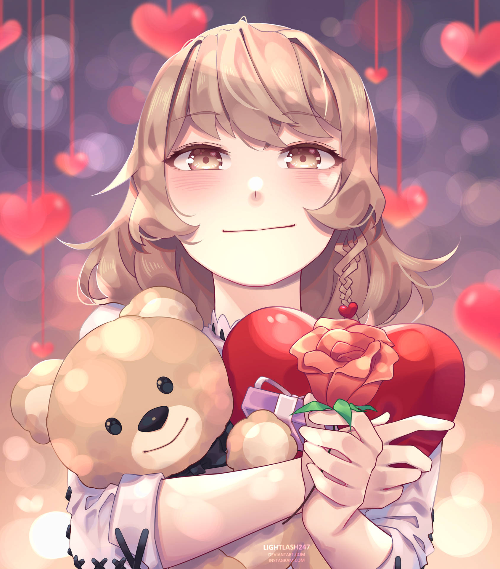 Cute Anime Girl Holding Hear And Bear Background