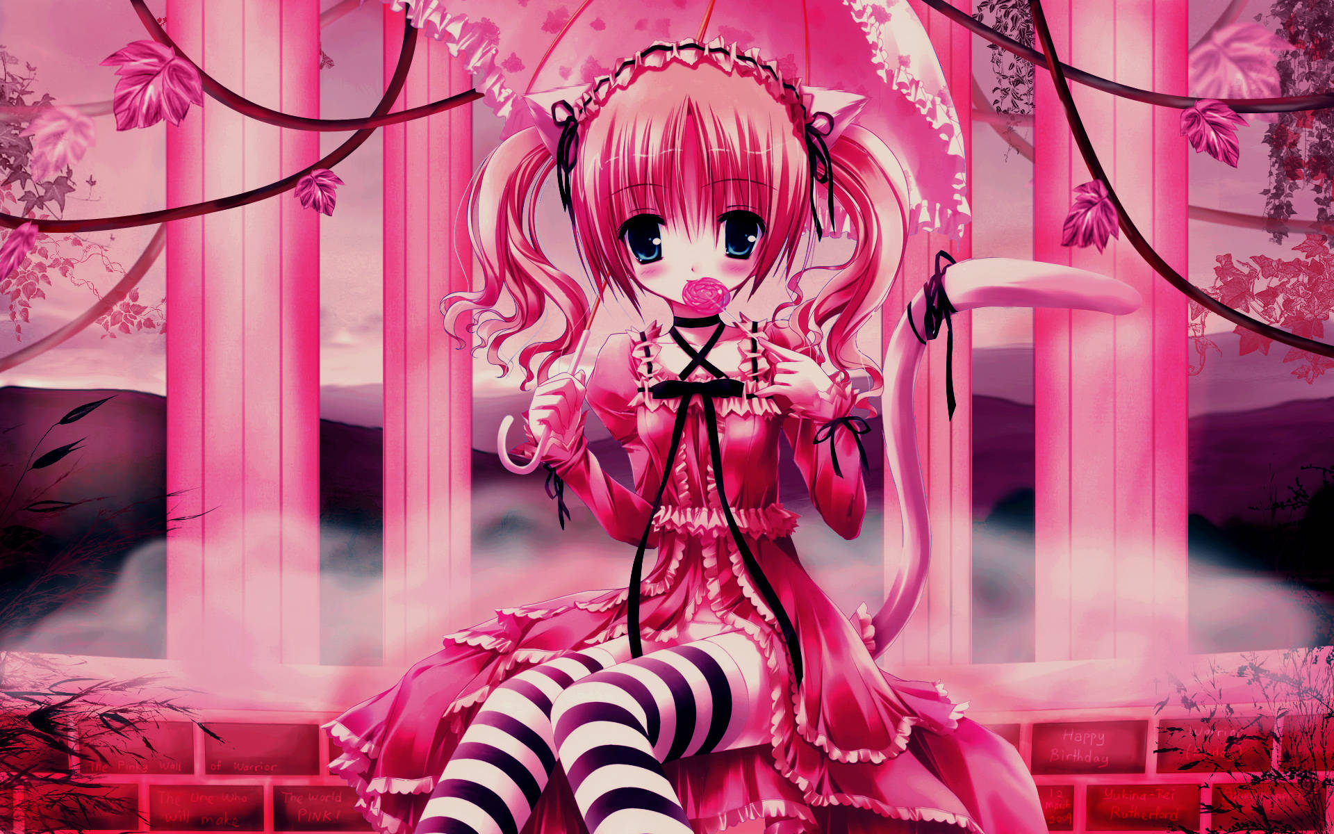 Cute Anime Girl Pink Columns Background