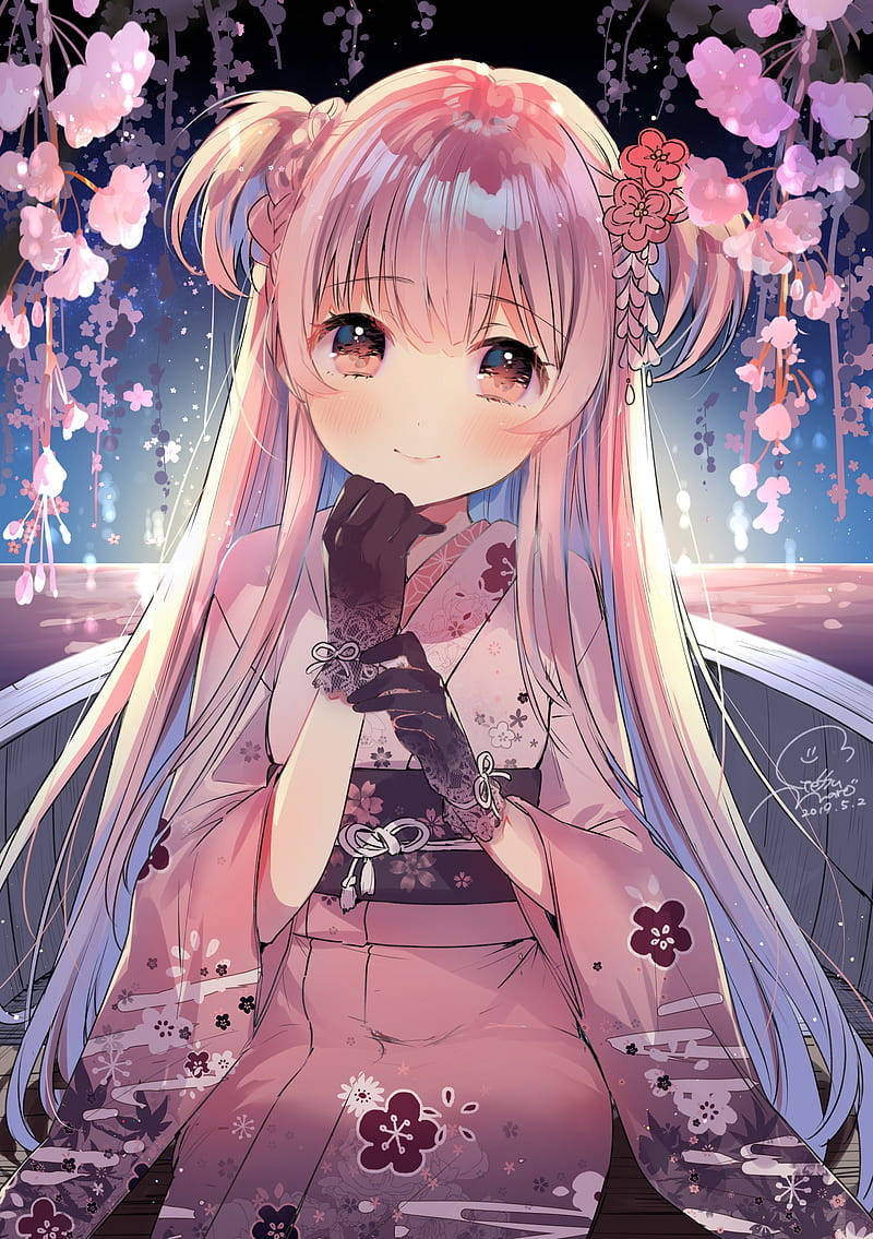 Cute Anime Girl Pink Ensemble Background