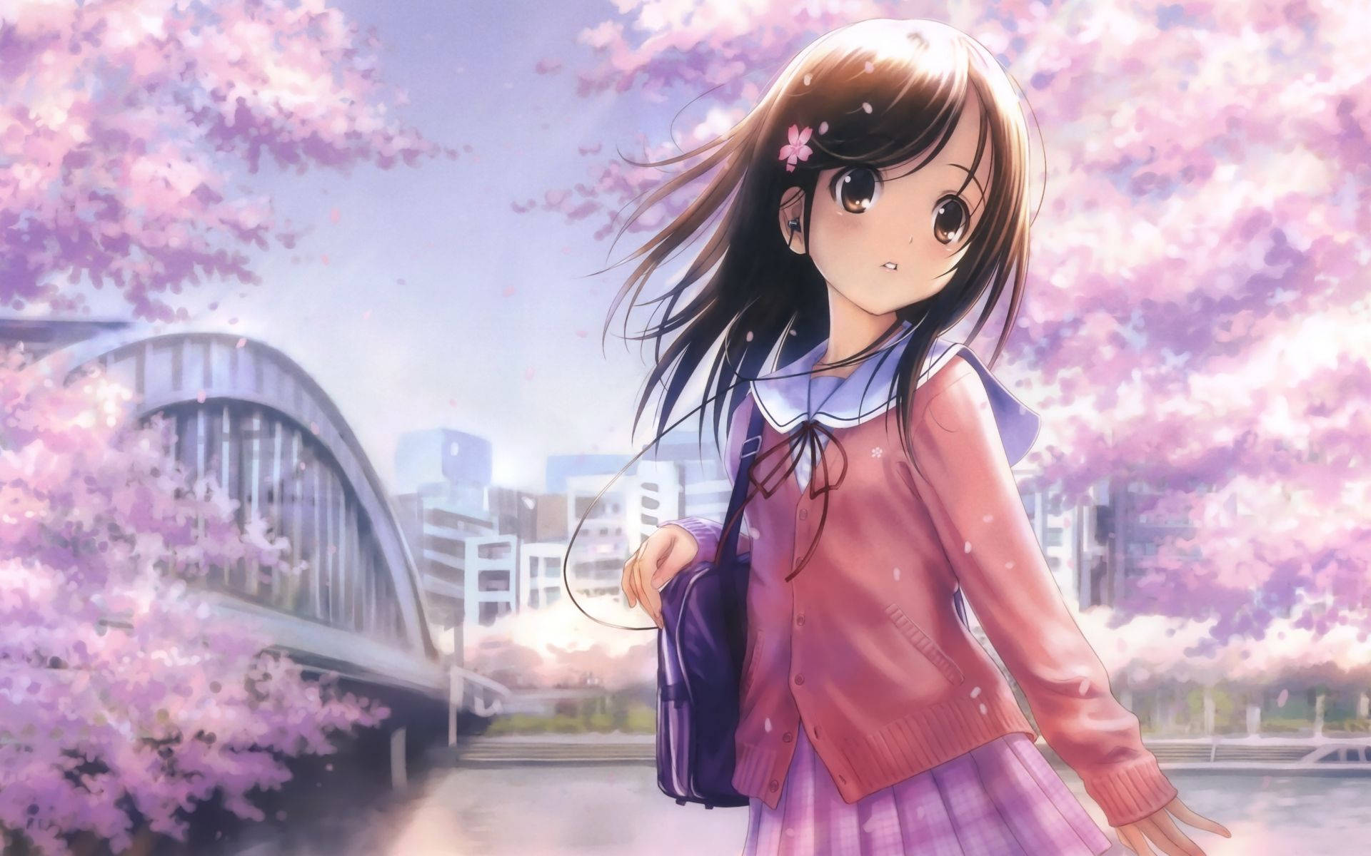 Cute Anime Girl Pink Jacket Background