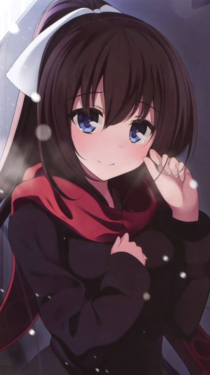 Cute Anime Girl Red Scarf Background