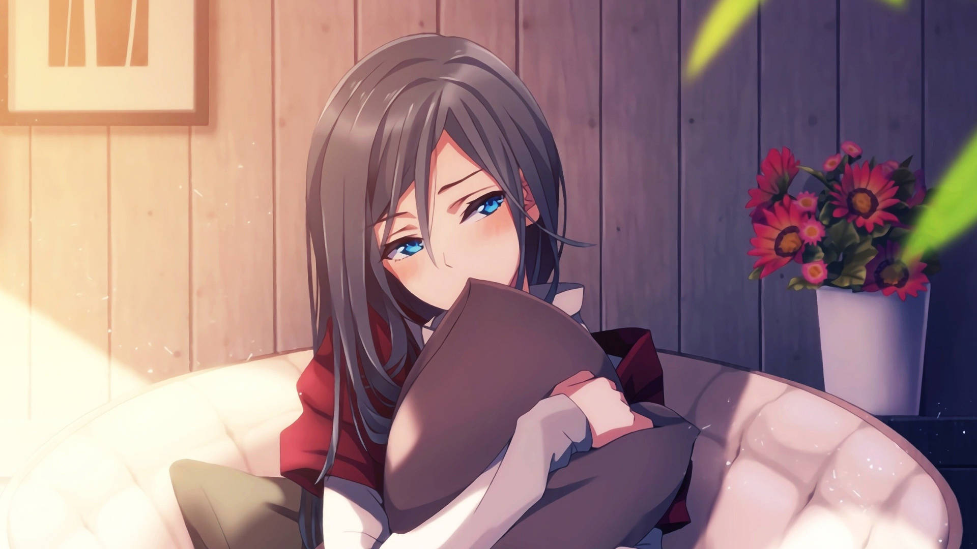 Cute Anime Girl Sitting On Sofa Background