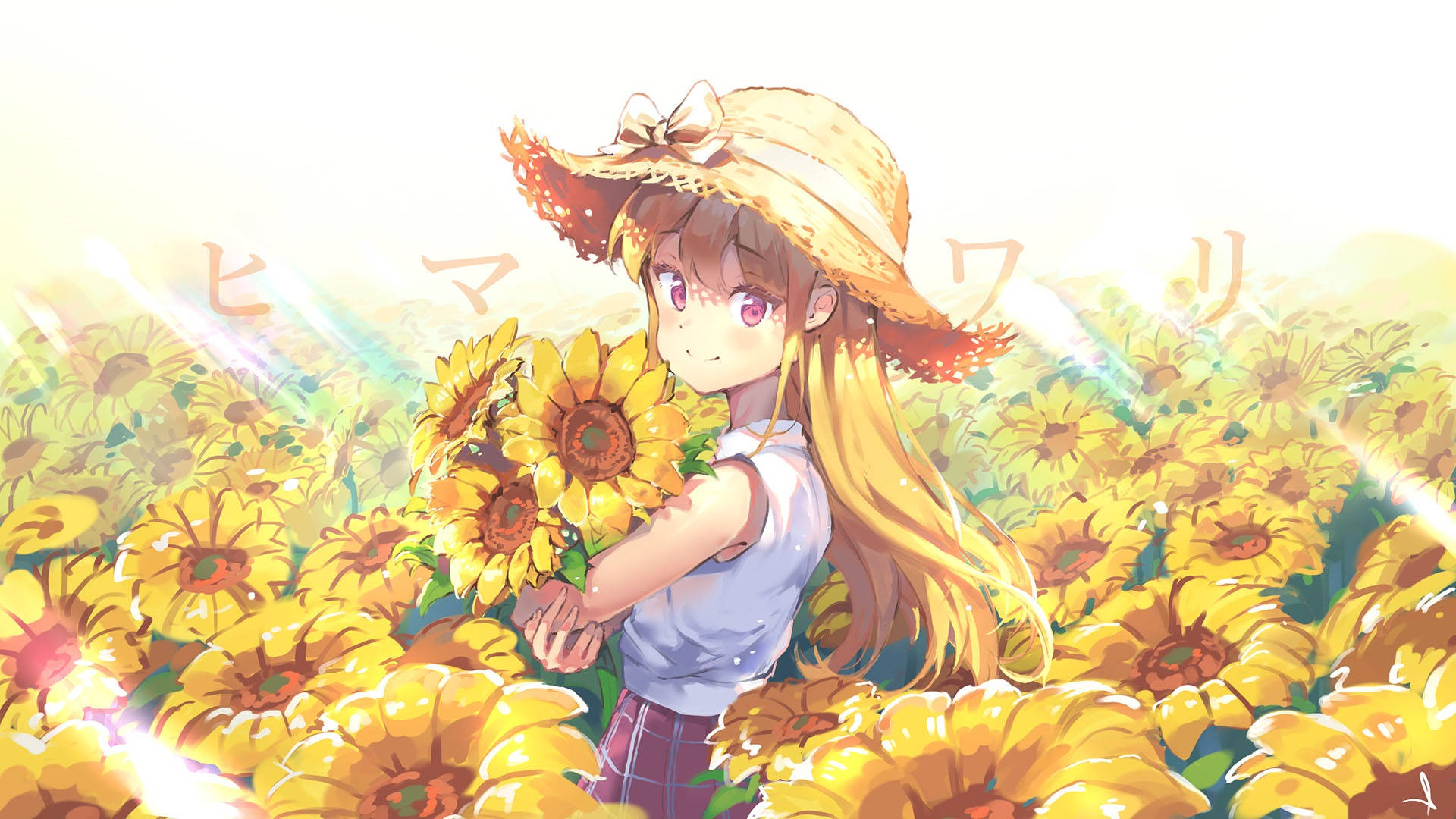Cute Anime Girl Sunflowers Background