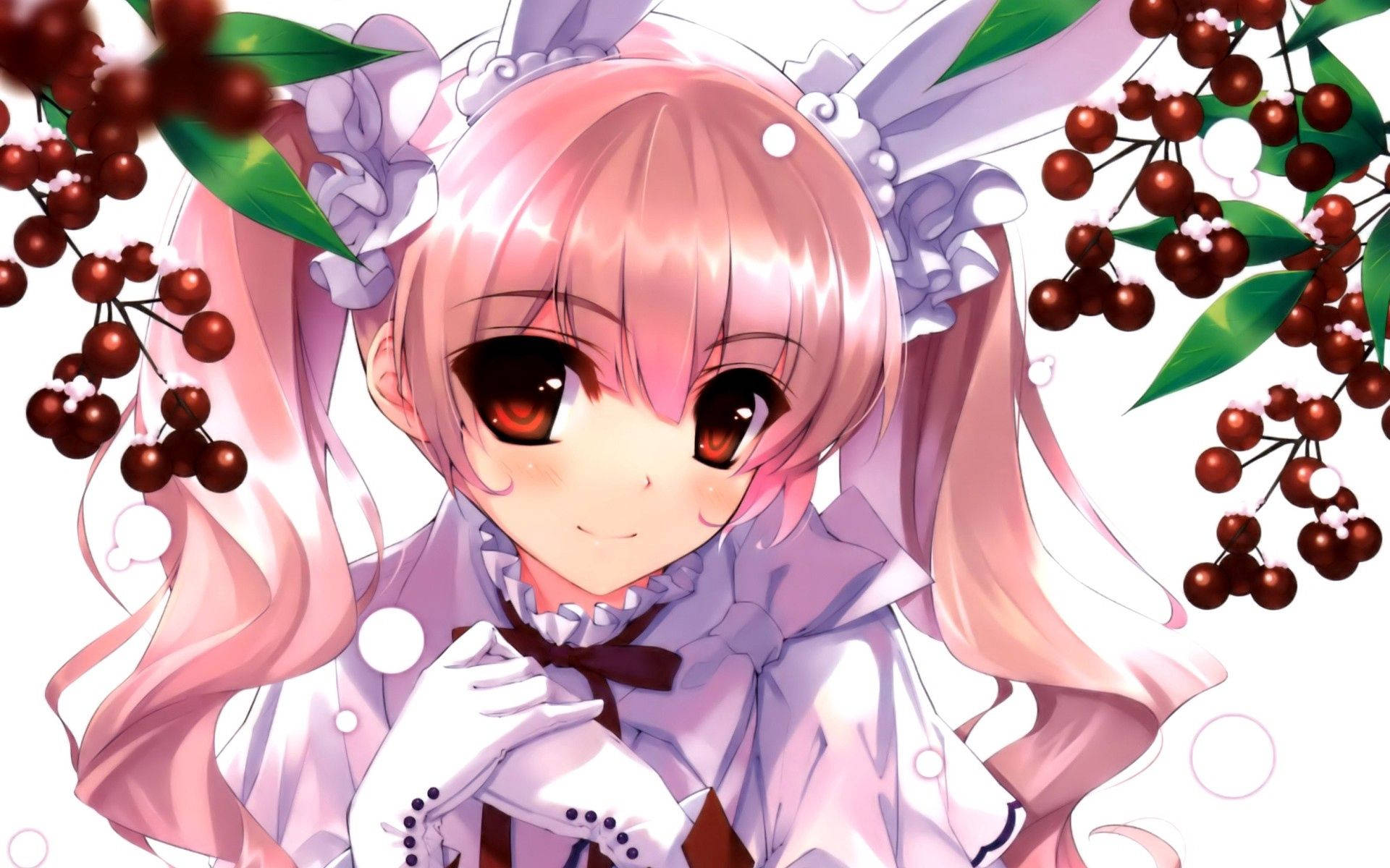 Cute Anime Girl Surrounded By Cherries Background