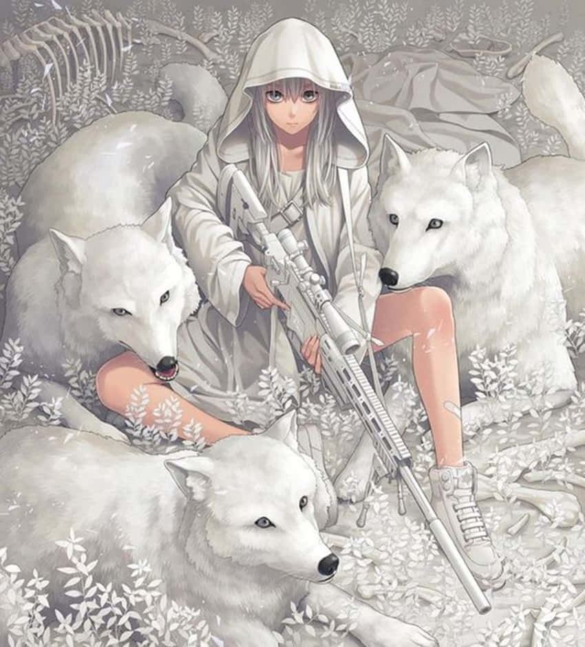 Cute Anime Girl Surrounded By White Wolves Background