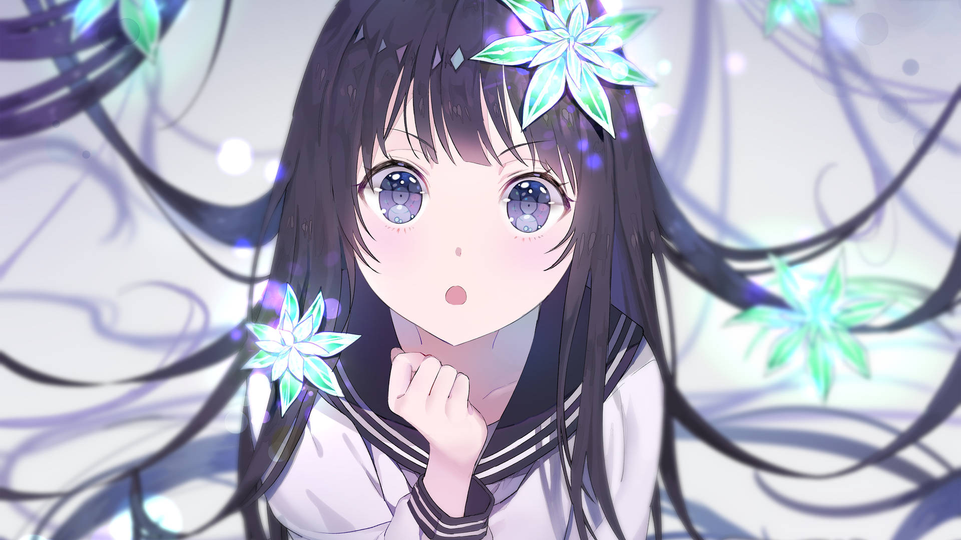 Cute Anime Girl Watching Flowers Falling Background