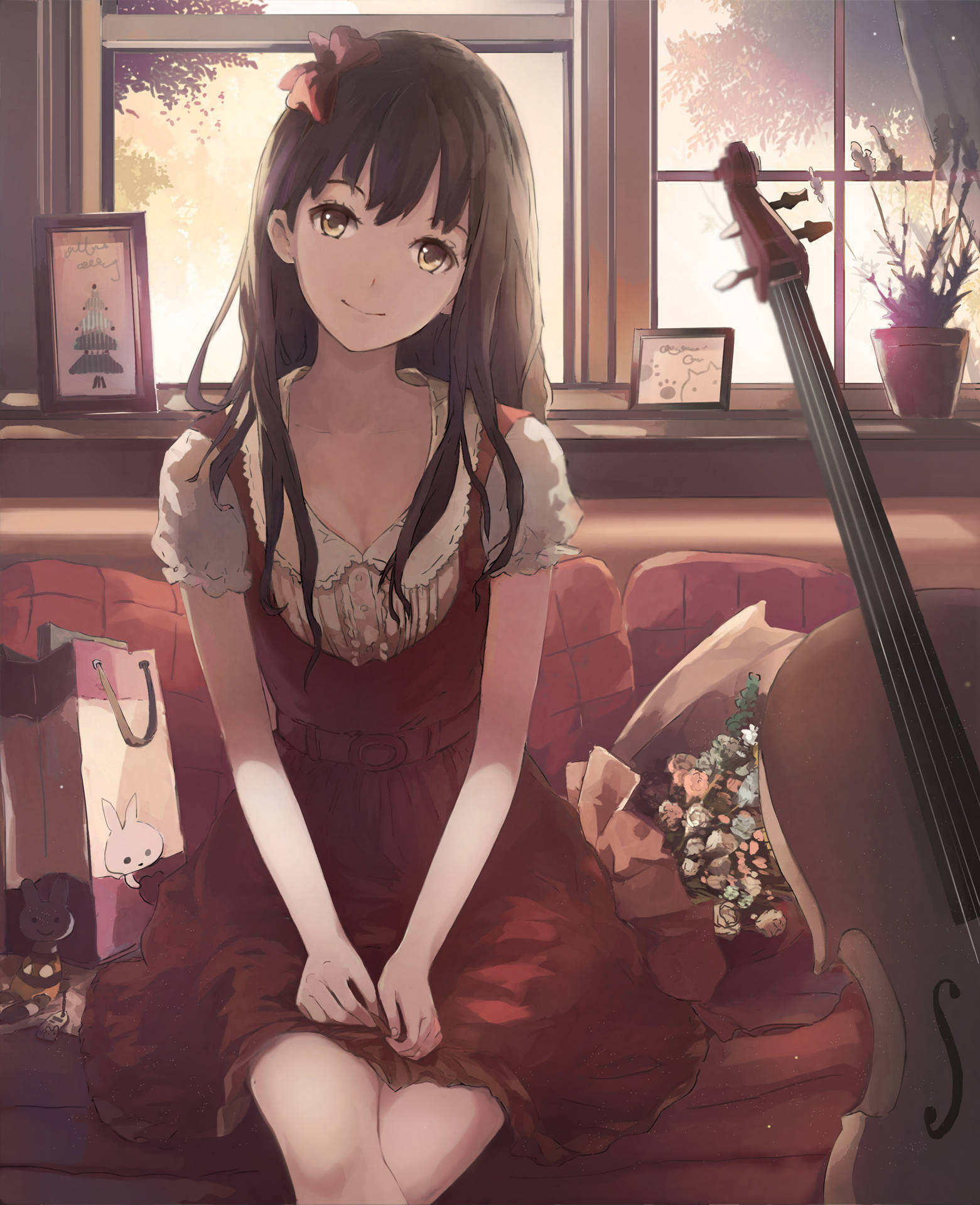 Cute Anime Girl With Cello Background