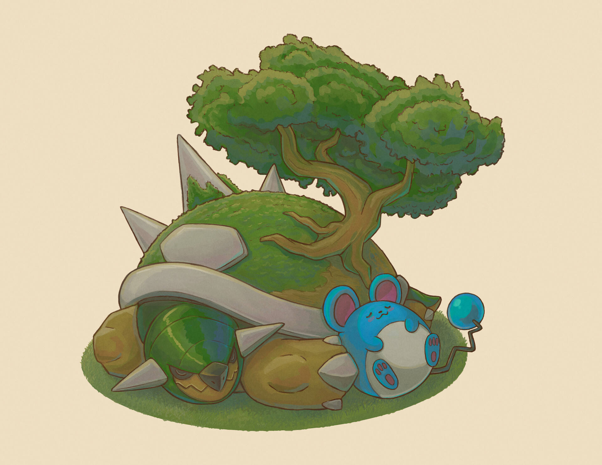 Cute Anime Marill And Torterra Background