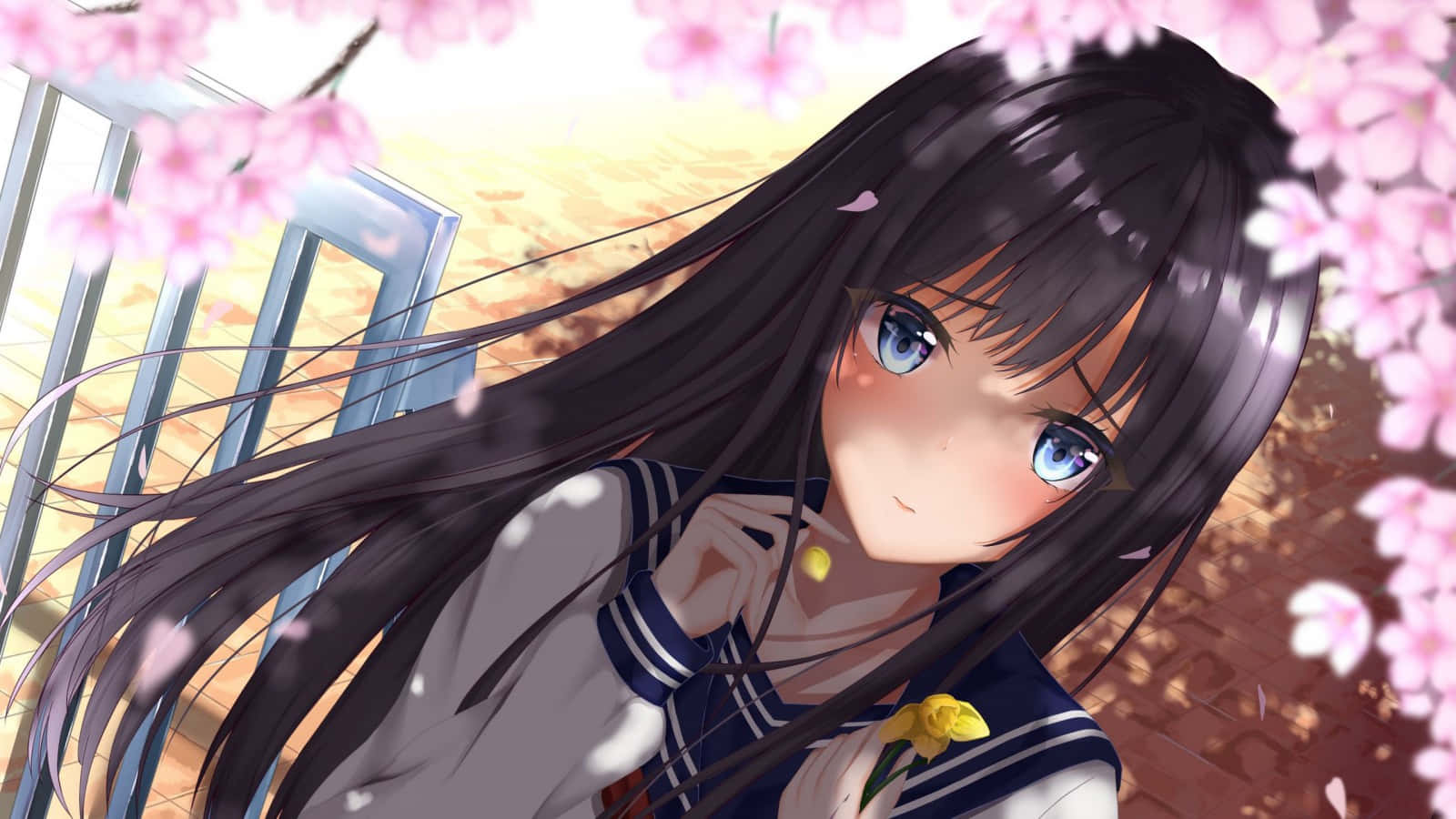 Cute Anime School Girl Cherry Blossoms Background