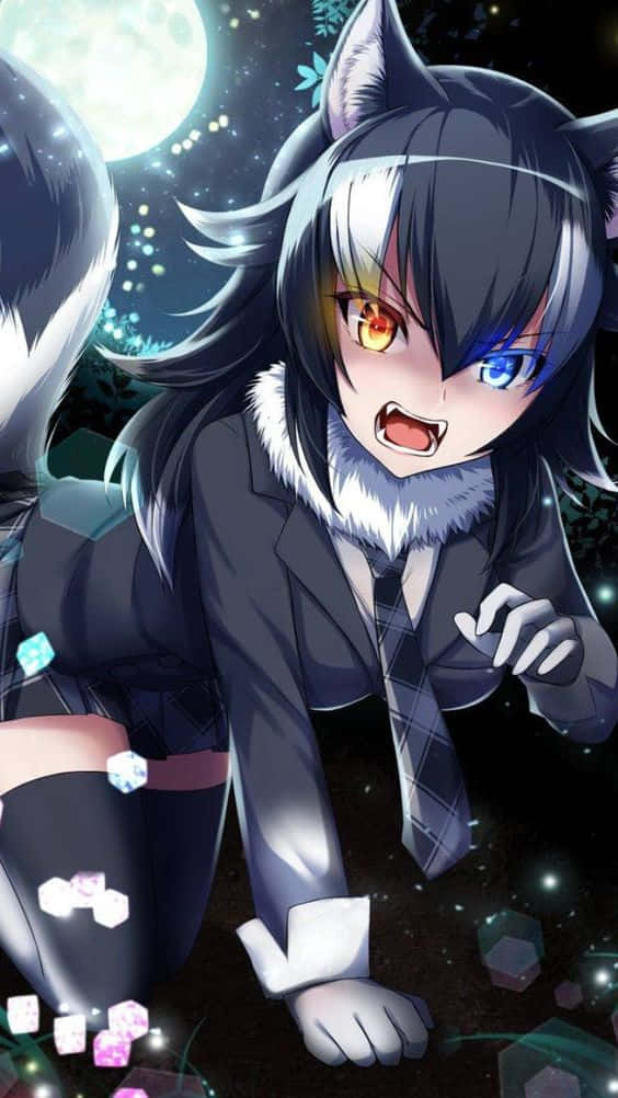 Cute Anime Wolf Girl During Full Moon Background