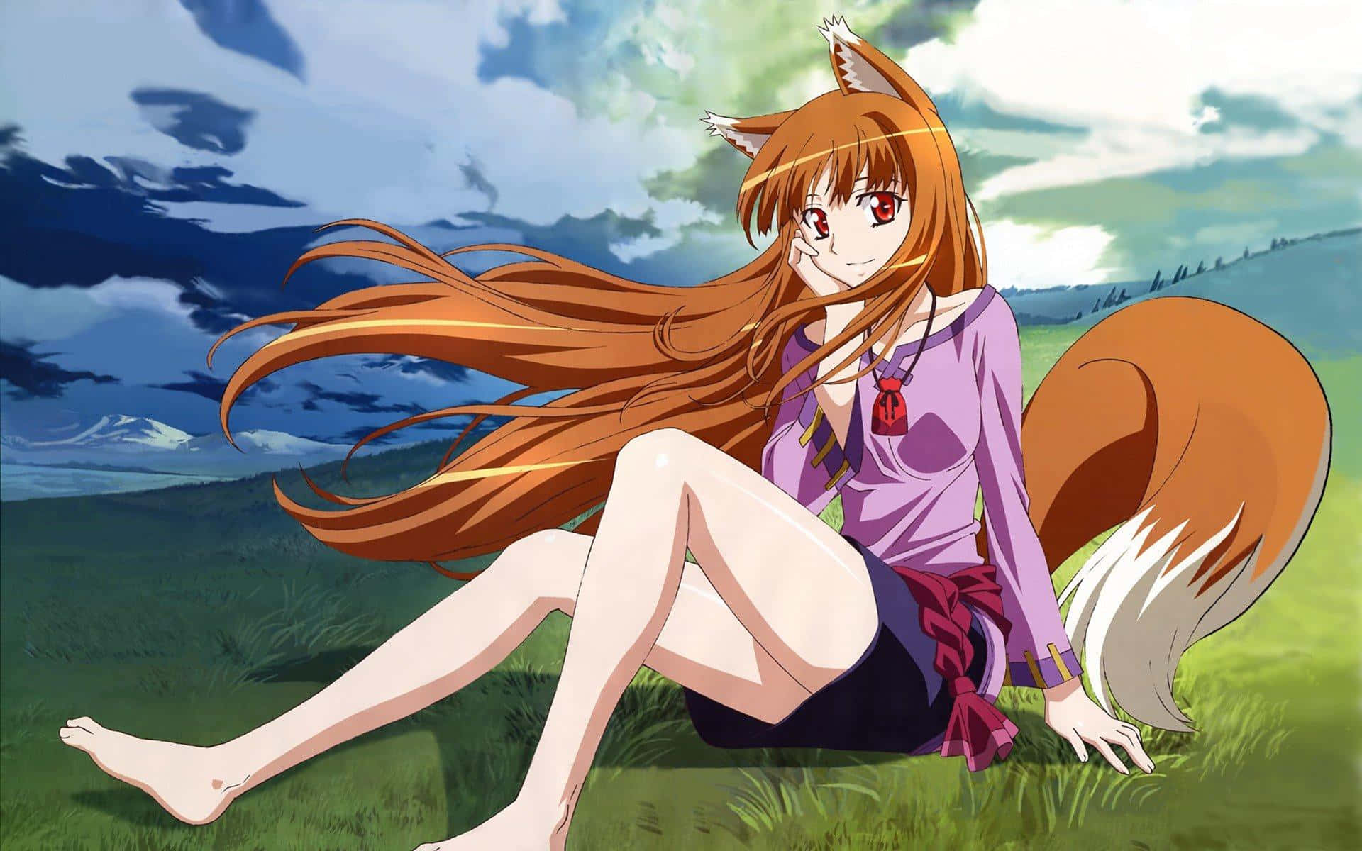 Cute Anime Wolf Girl Playfully Smiles Background