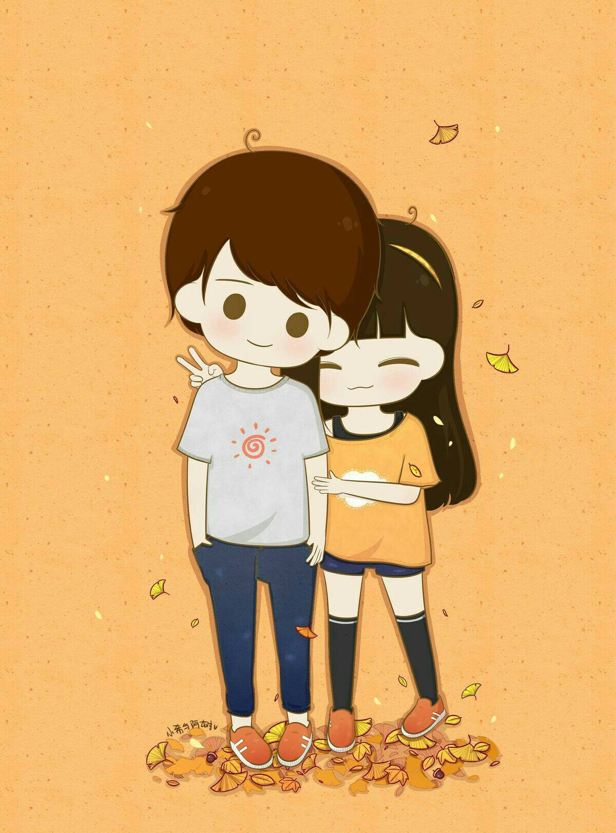 Cute Autumn Cartoon Couple Background