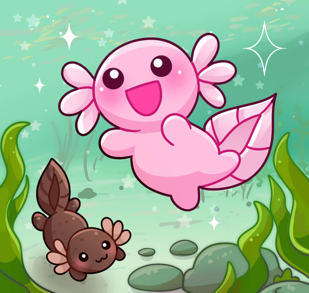 Cute Axolotl Animals In Pink And Gray Chibi Art Background
