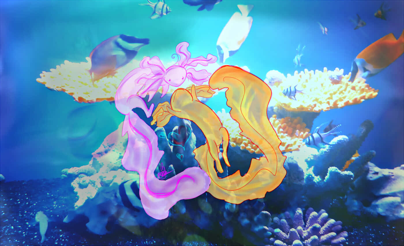 Cute Axolotl Animals Underwater Graphic Art Background
