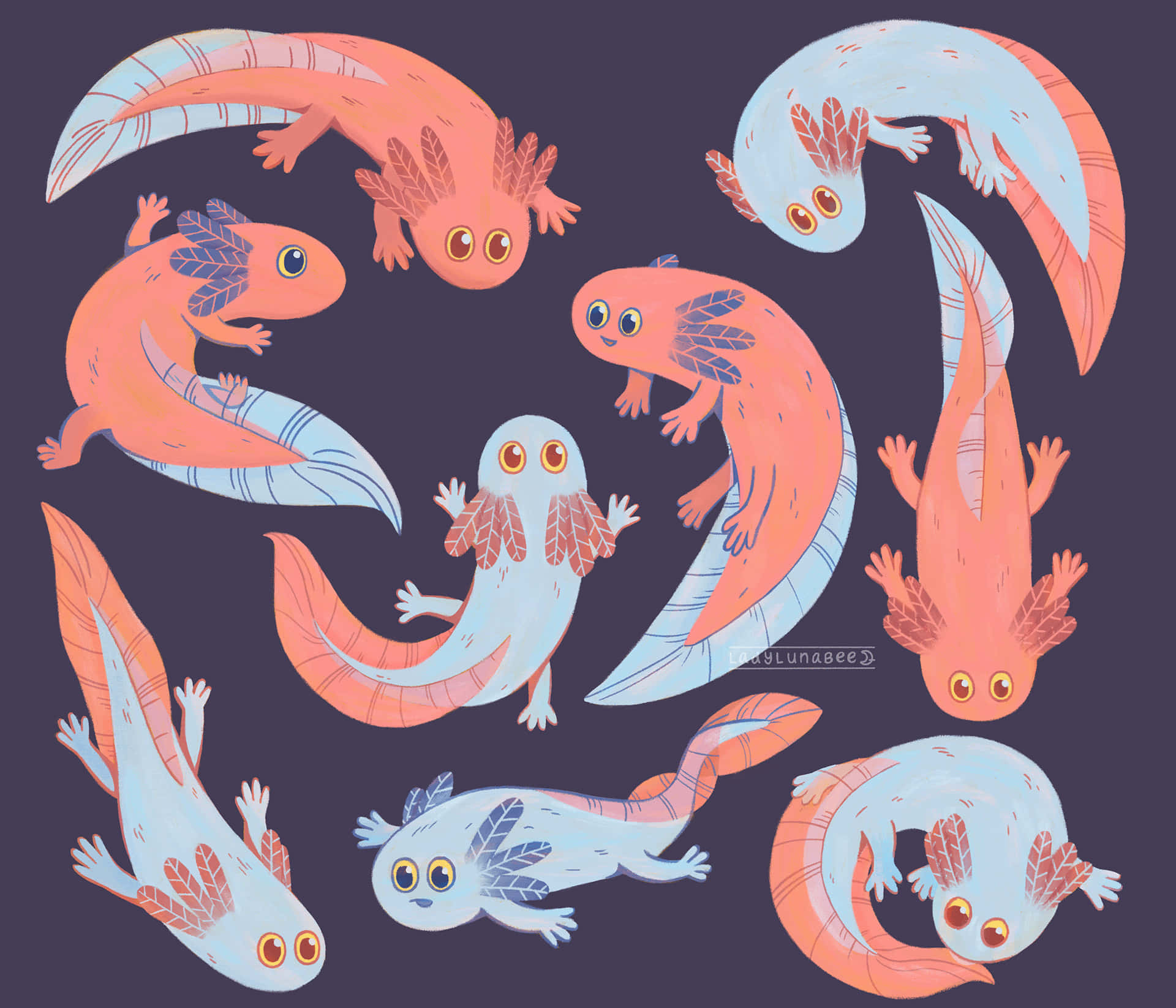 Cute Axolotl Animals With Long Tails Graphic Art Background