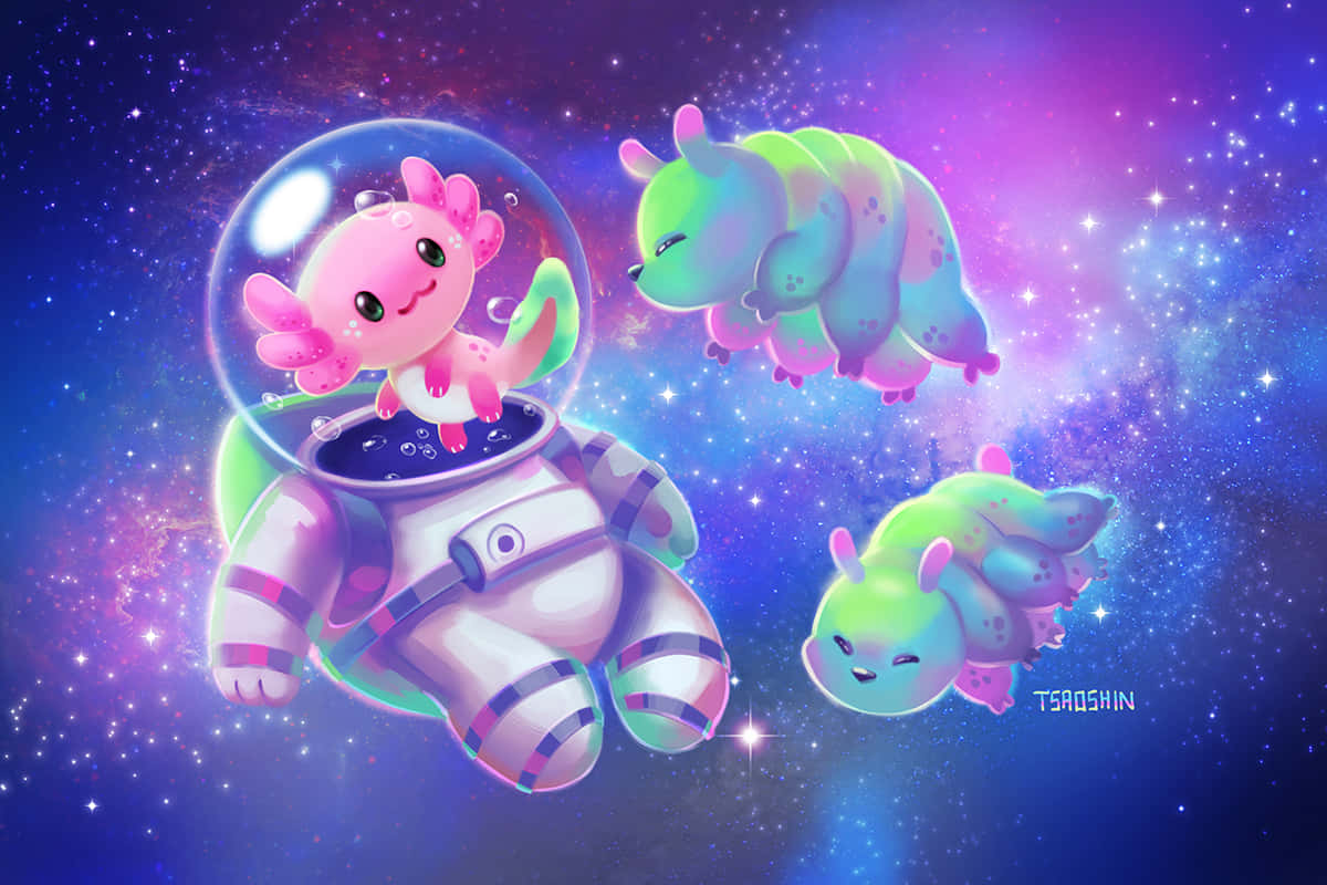 Cute Axolotl In Astronaut Suit Digital Painting Background