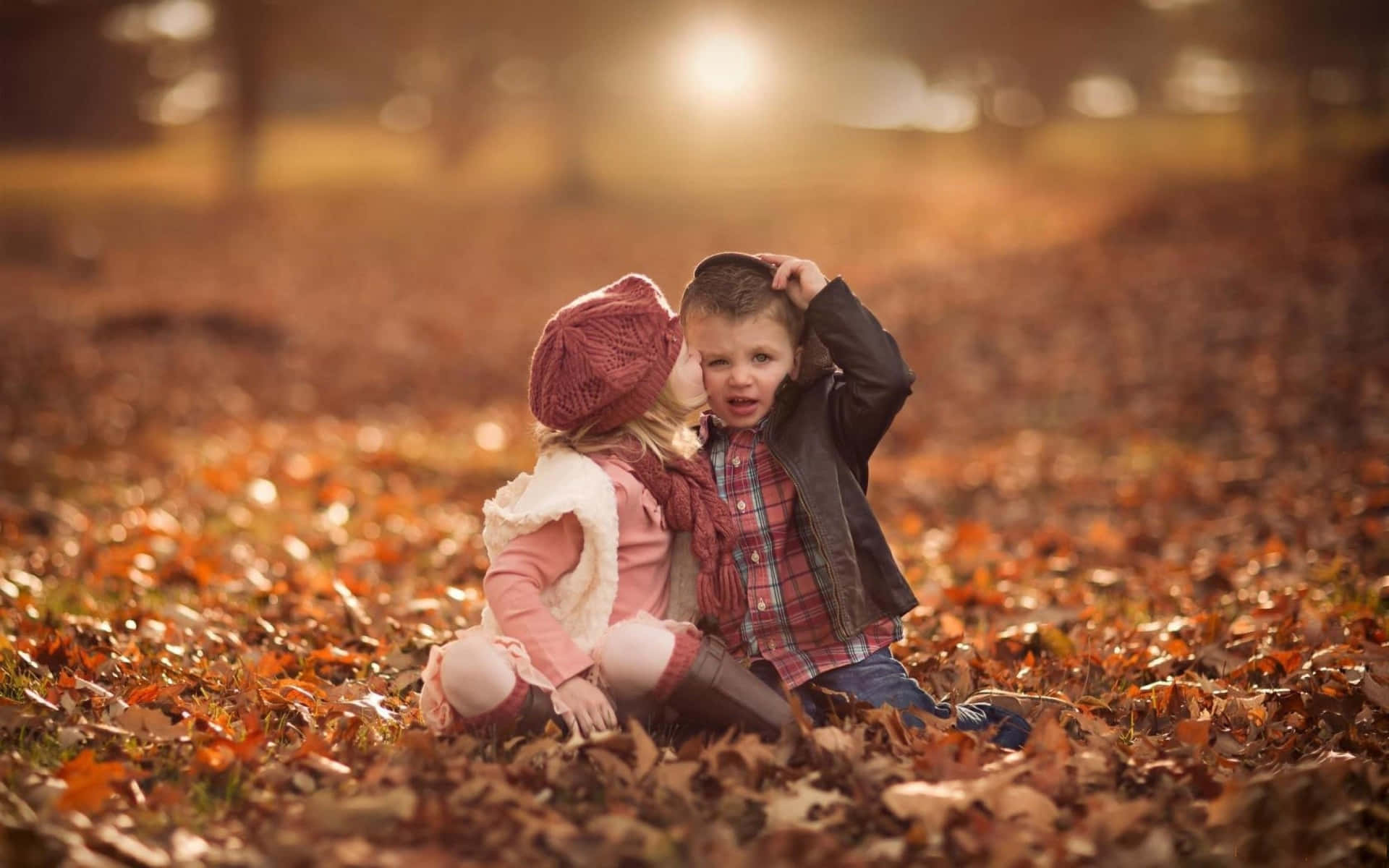 Cute Baby Couple Autumn Kiss Date Background