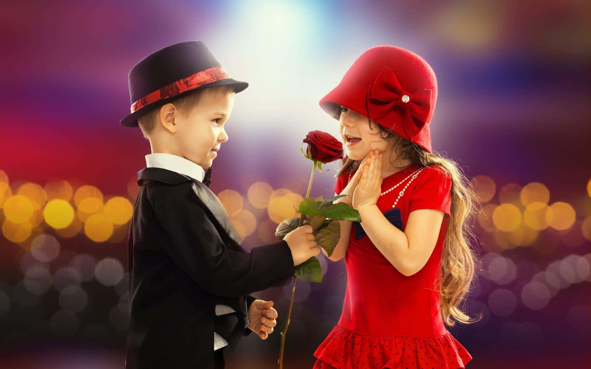 Cute Baby Couple Giving Red Rose Background