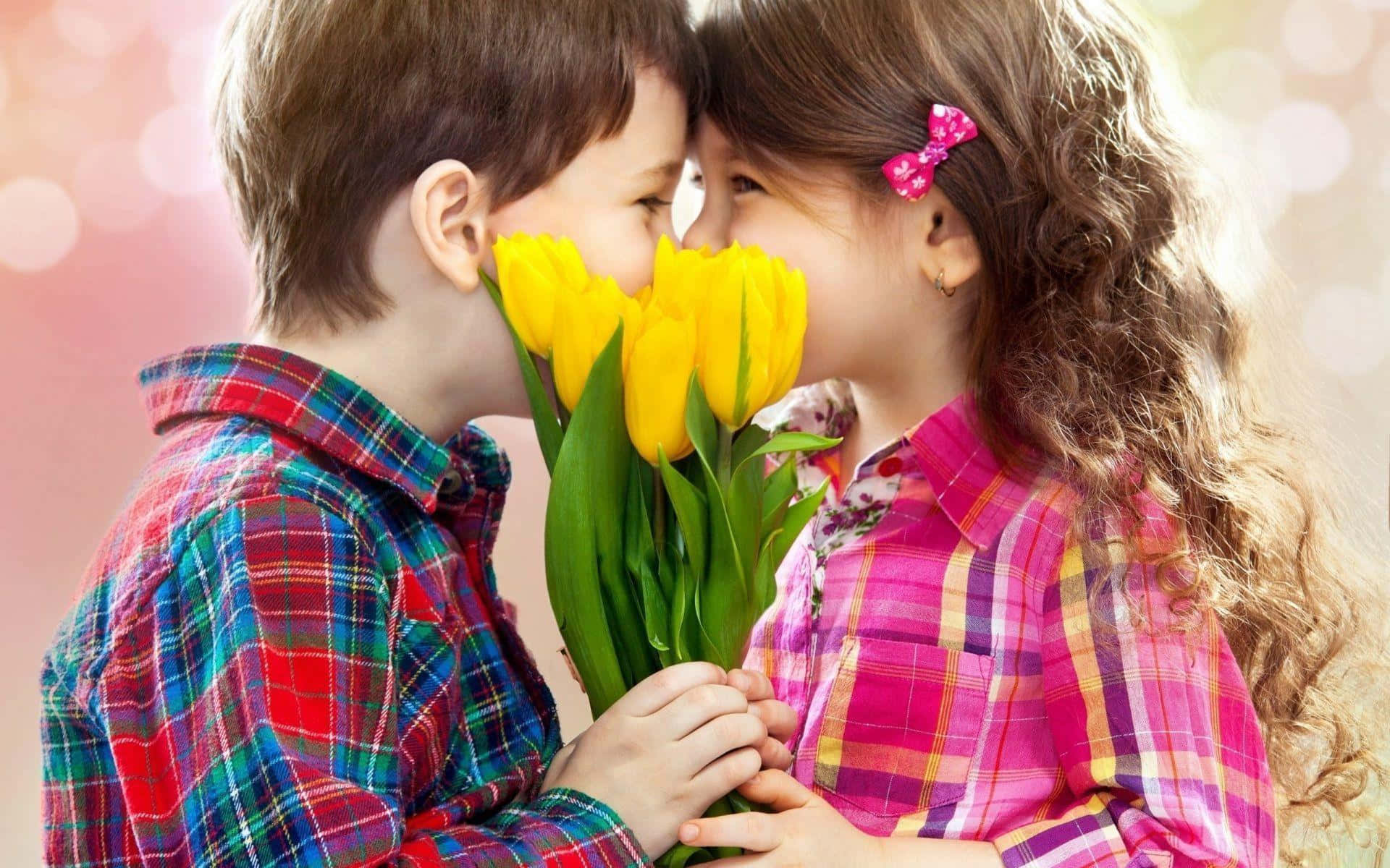 Cute Baby Couple Holding Flowers Background