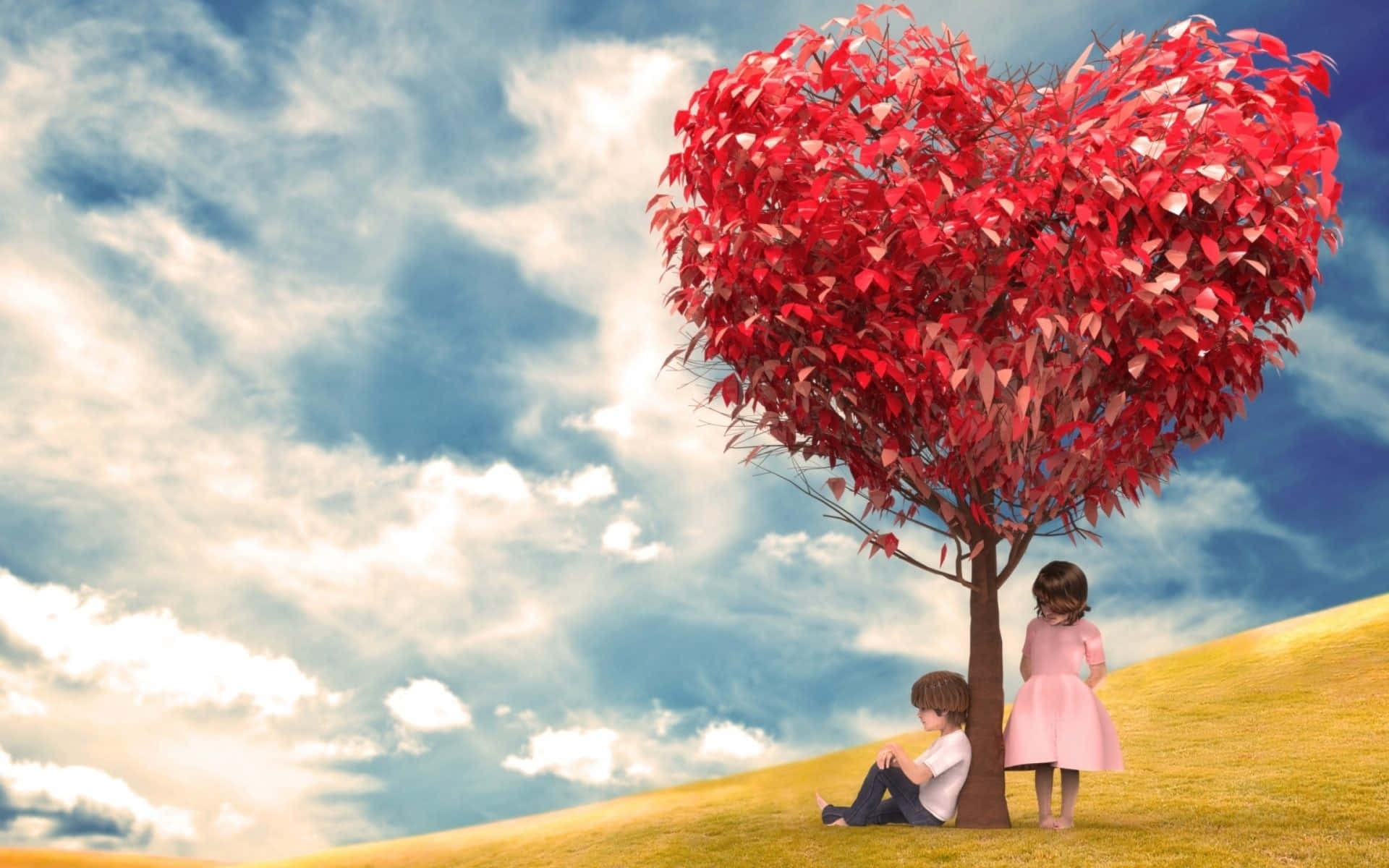 Cute Baby Couple Red Heart Shaped Tree Background