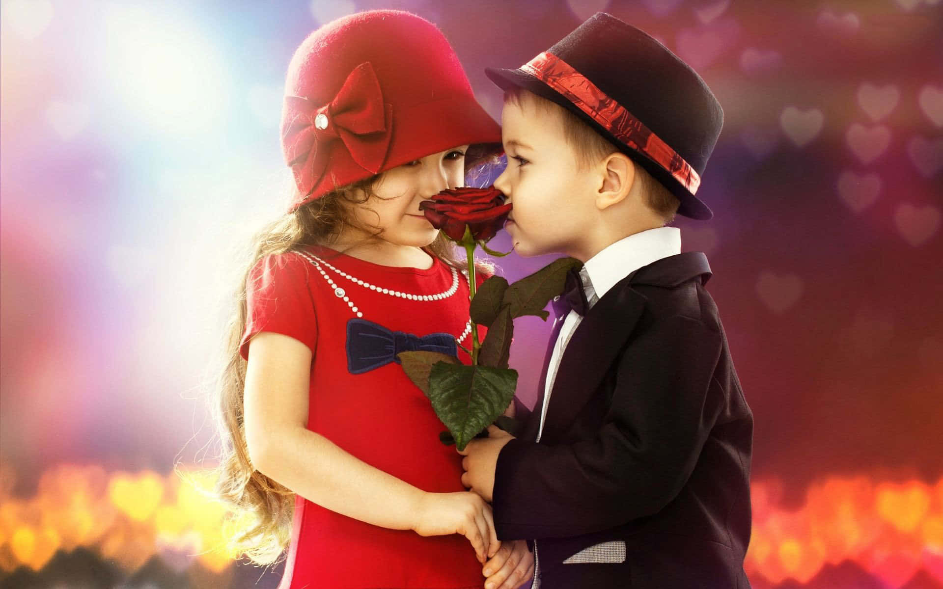 Cute Baby Couple Smelling Rose Flower Background