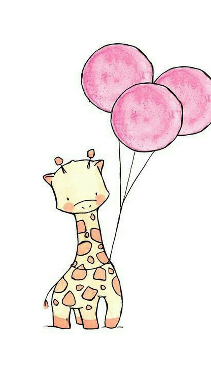 Cute Baby Giraffe With Pink Balloons Background
