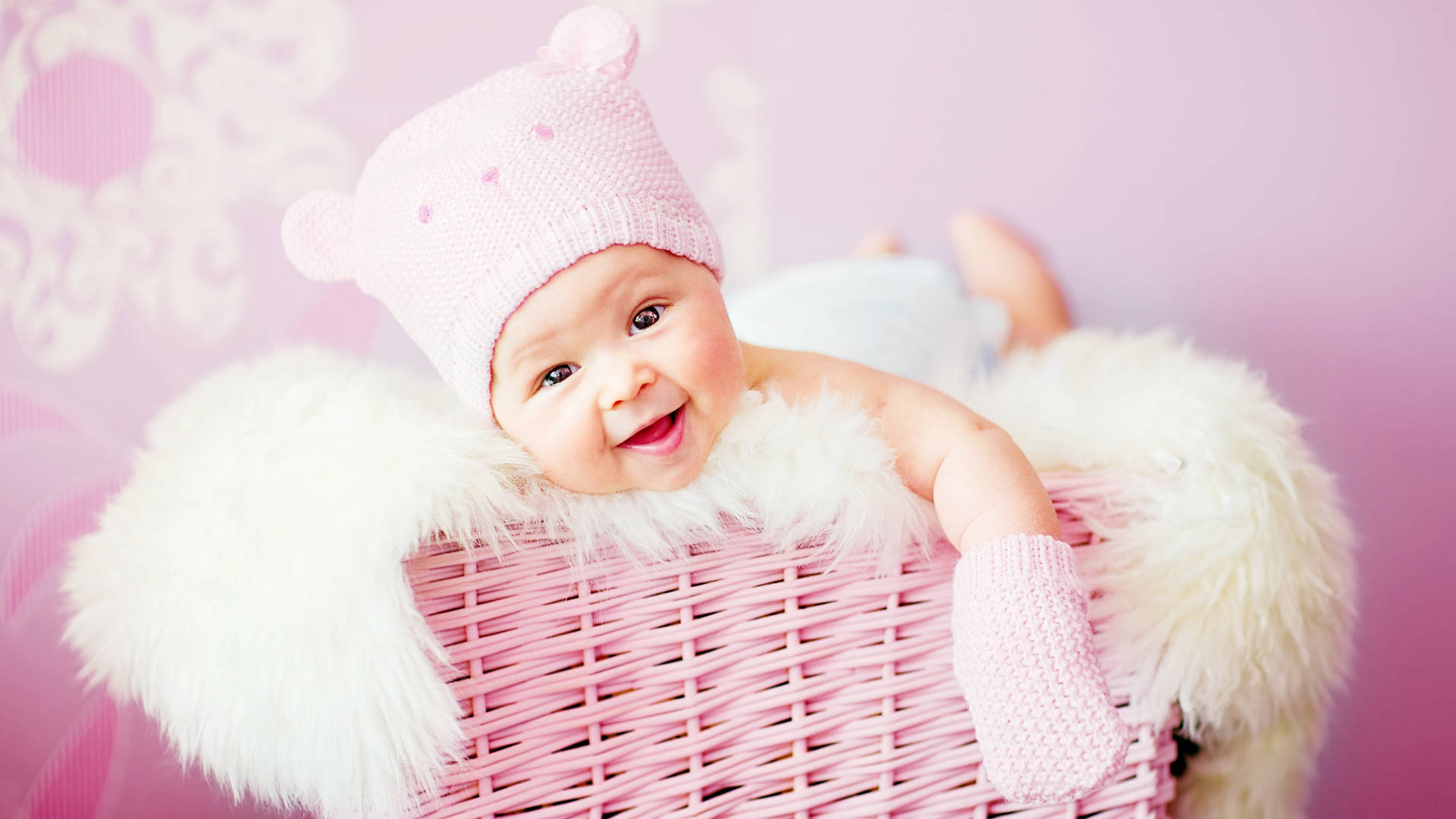 Cute Baby Girl In Pink Basket