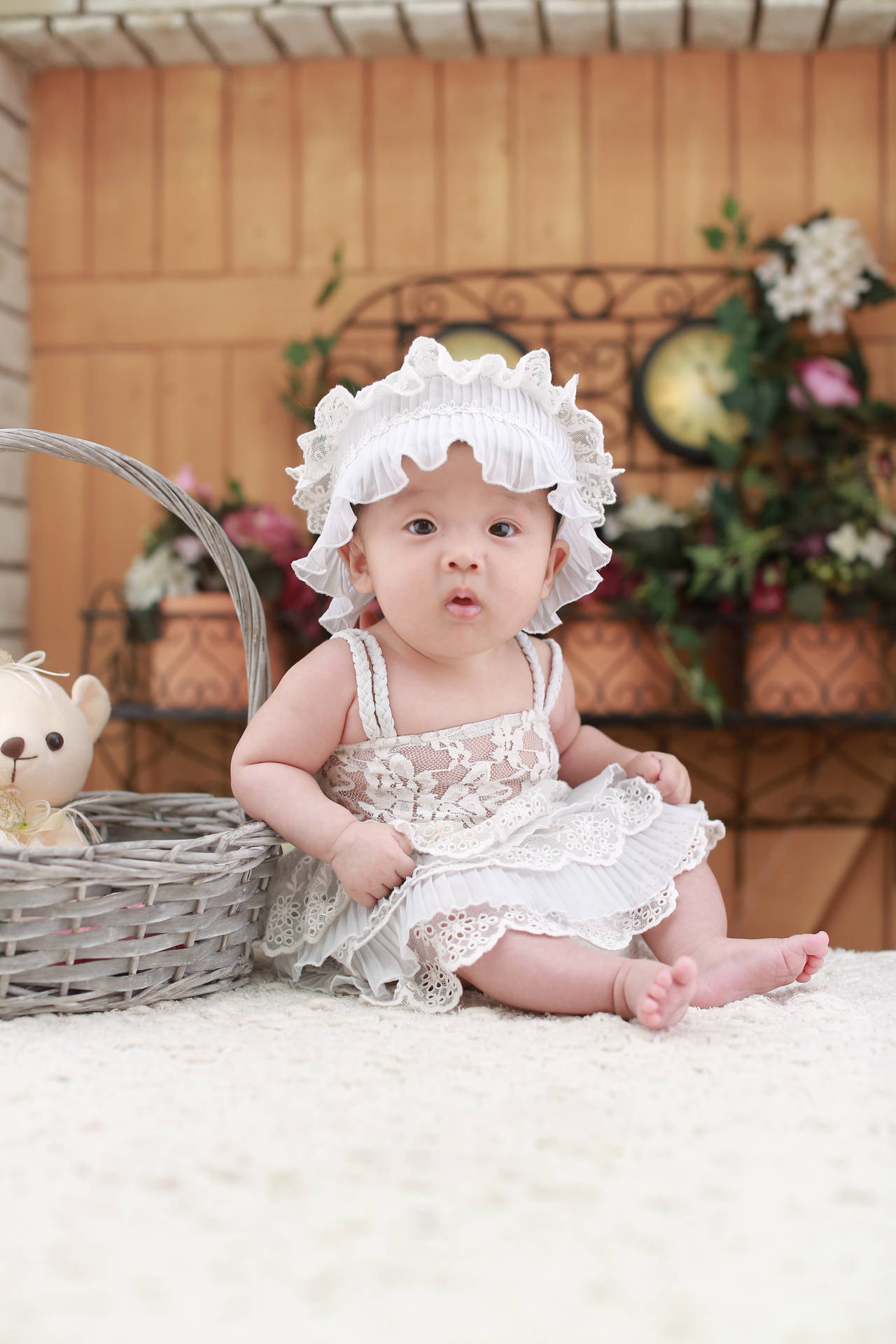 Cute Baby Girl In White Dress Background