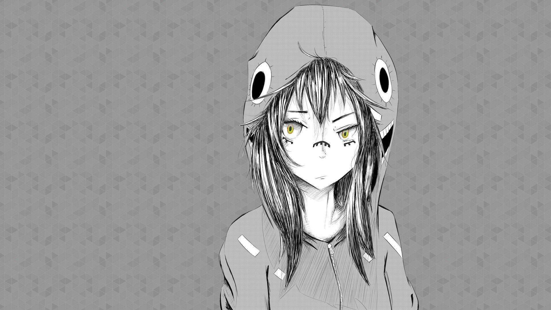 Cute Black And White Aesthetic Anime Girl With Hoodie Background