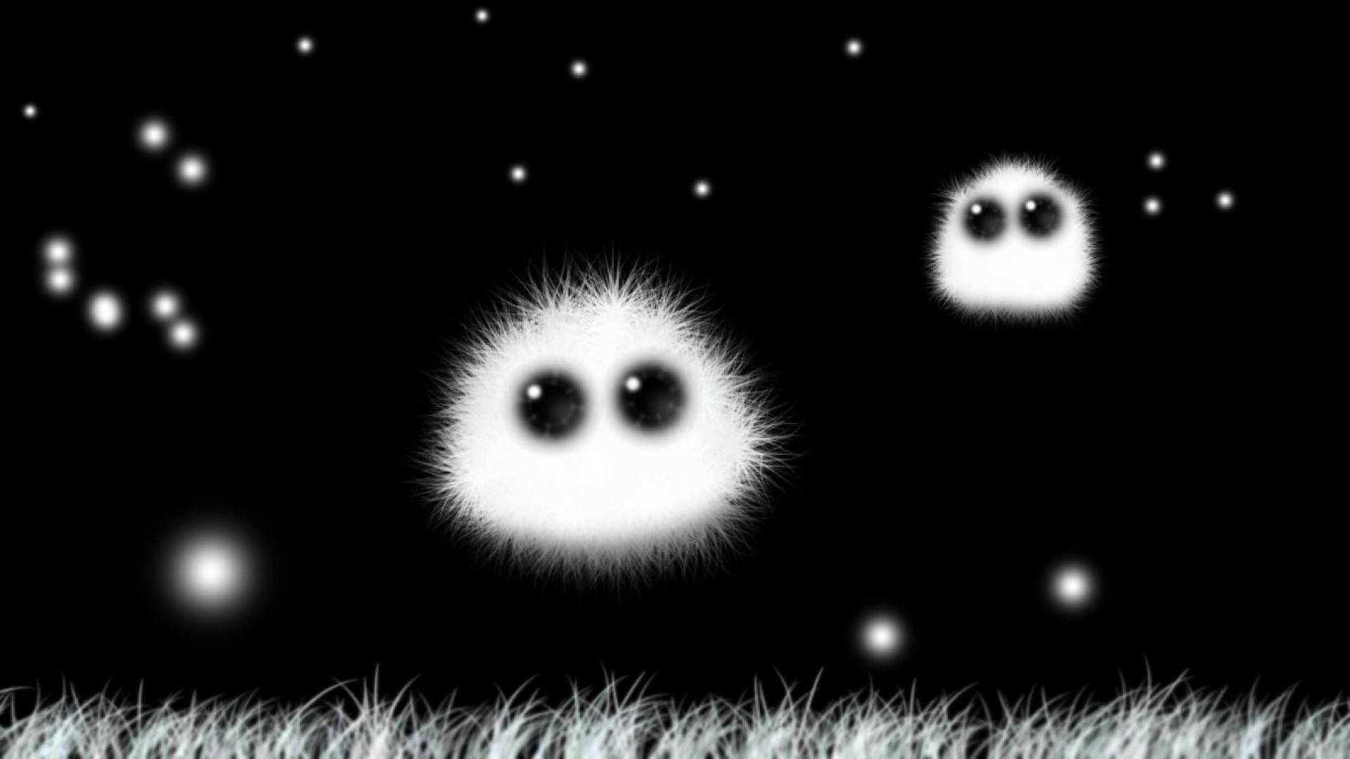 Cute Black And White Aesthetic Fuzzy Creatures Flying Background
