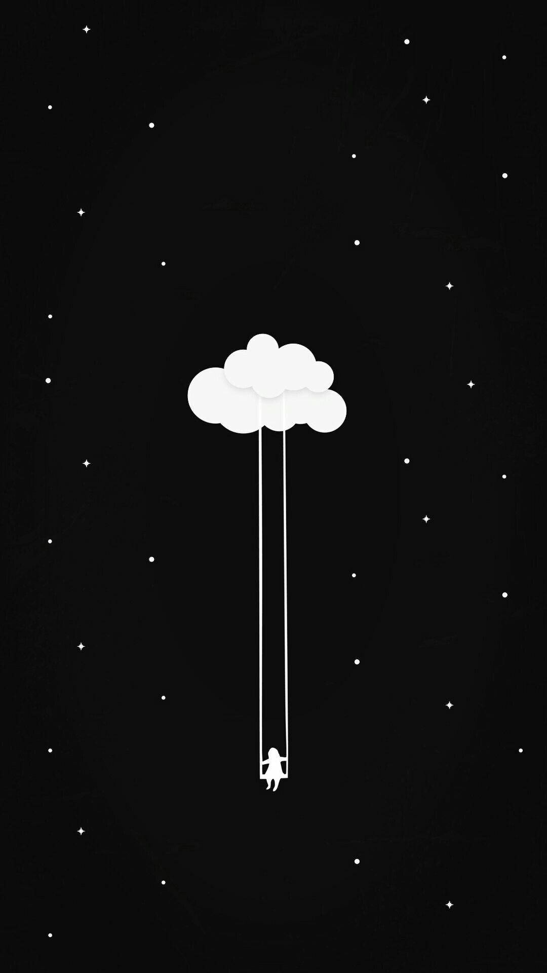 Cute Black And White Aesthetic Girl Swinging From Cloud Background