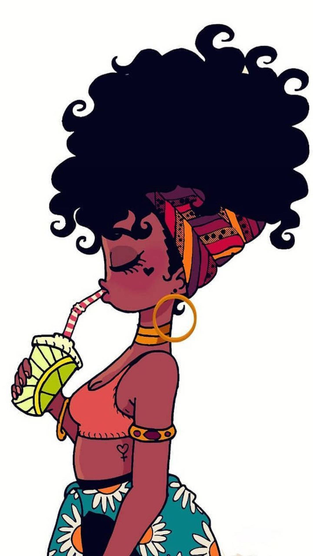 Cute Black Girl Drink Cartoon Art Background